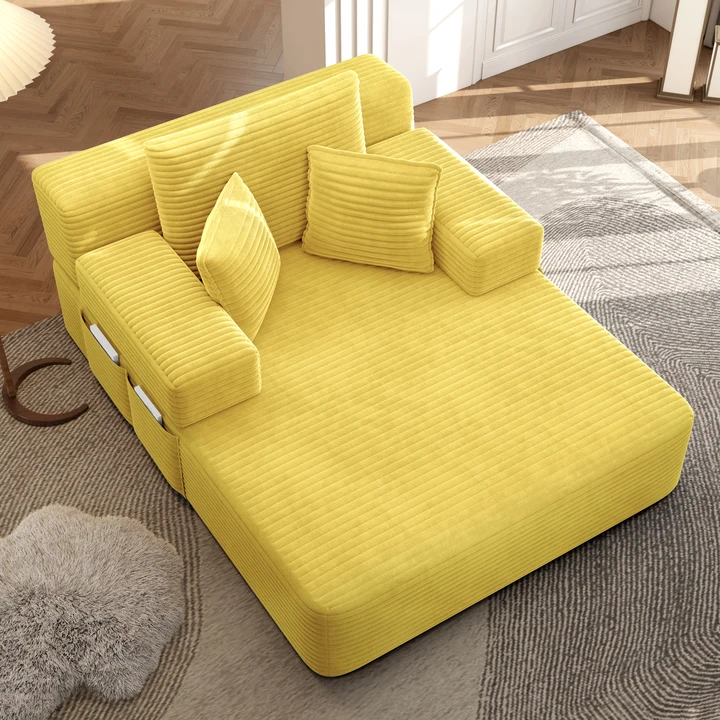 Oversized Plush Corduroy Chaise Lounge Sofa Bed,Convertible Sleeper Couch Bed w/ Storage Pockets,3 Soft Pillows,Multi-Functional Frameless Sofa Couch for Apartment,Home Theater,Guest Room,Beige&White