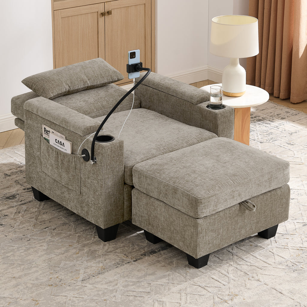 Brown chenille sofa recliner in living room setting