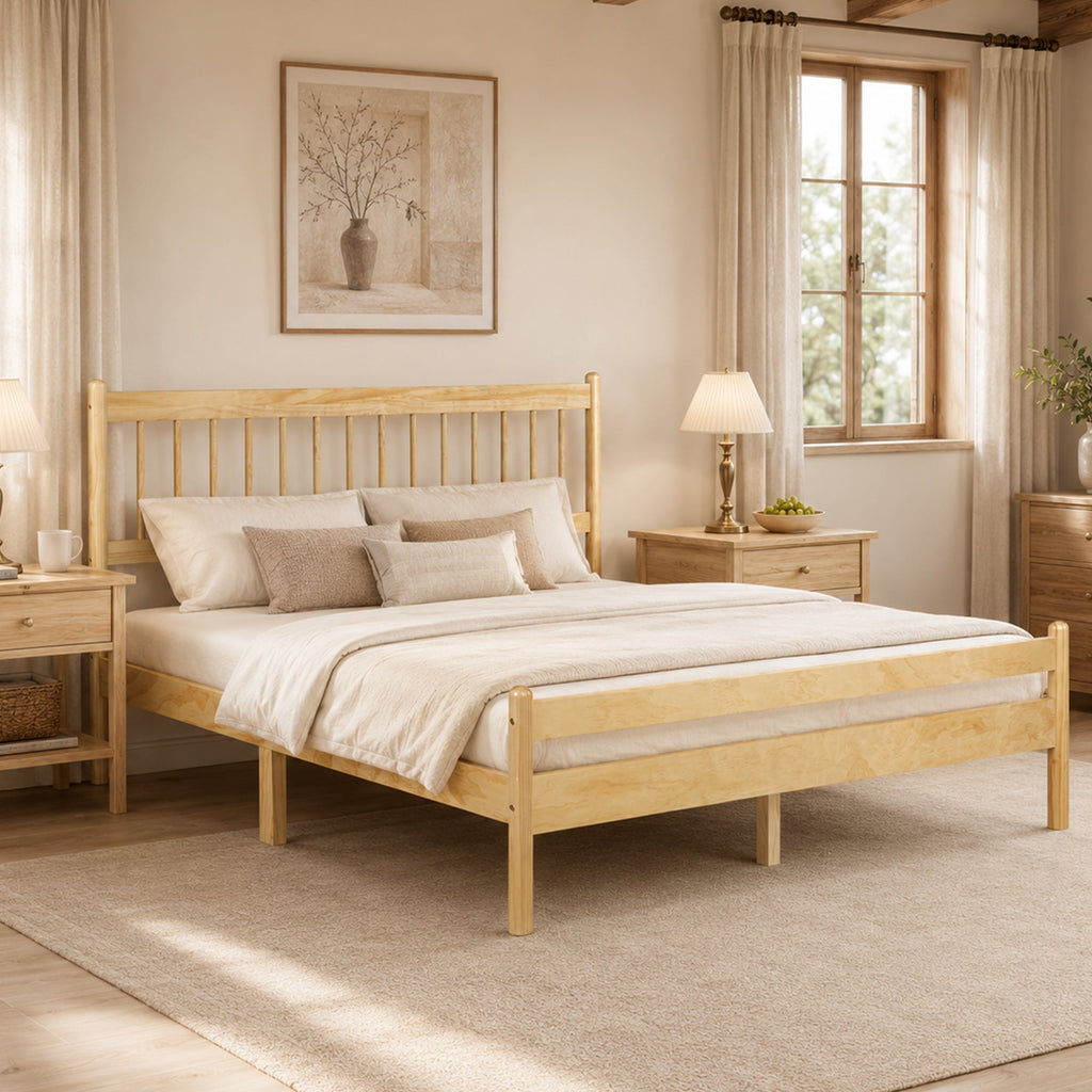 Traditional Style Queen Size Bed with Headboard and Footboard, Pinewood Bed with Strengthened Bed Frame ,Walnut