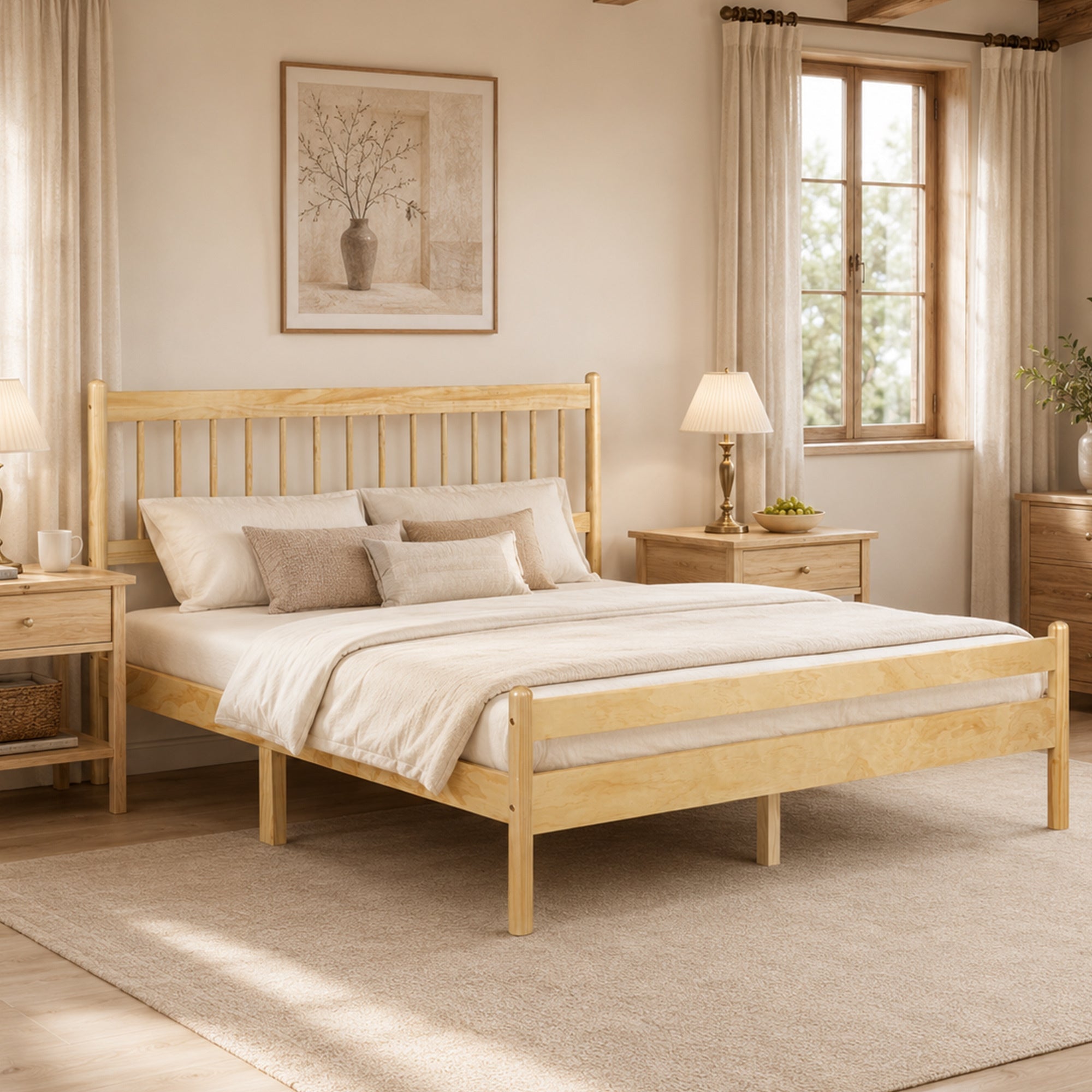 Traditional Style Queen Size Bed with Headboard and Footboard, Pinewood Bed with Strengthened Bed Frame ,Walnut