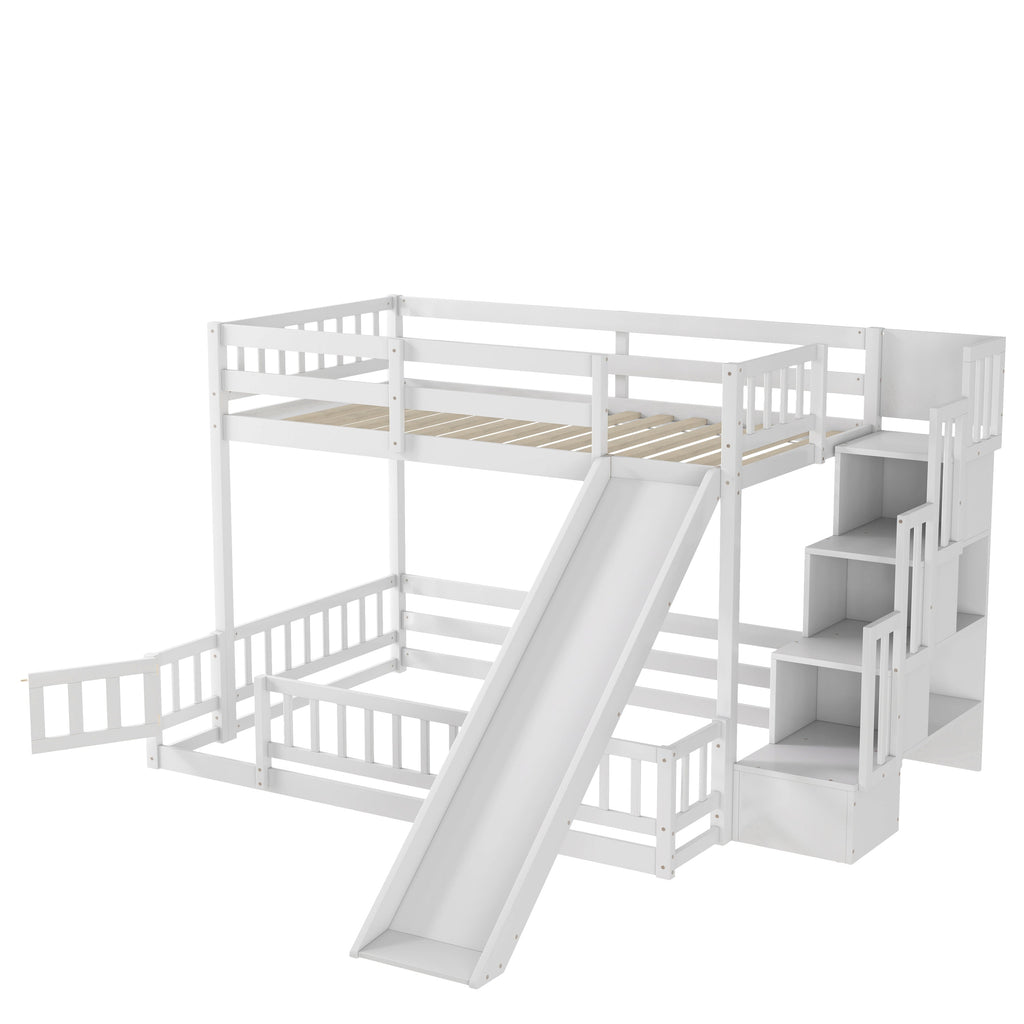 Twin Over Full Bunk Bed with Slide, Storage Staircase, Pine Solid Wooden Bunk Bed with Safety Guardrails ,Grey (Old Sku W504S00184)