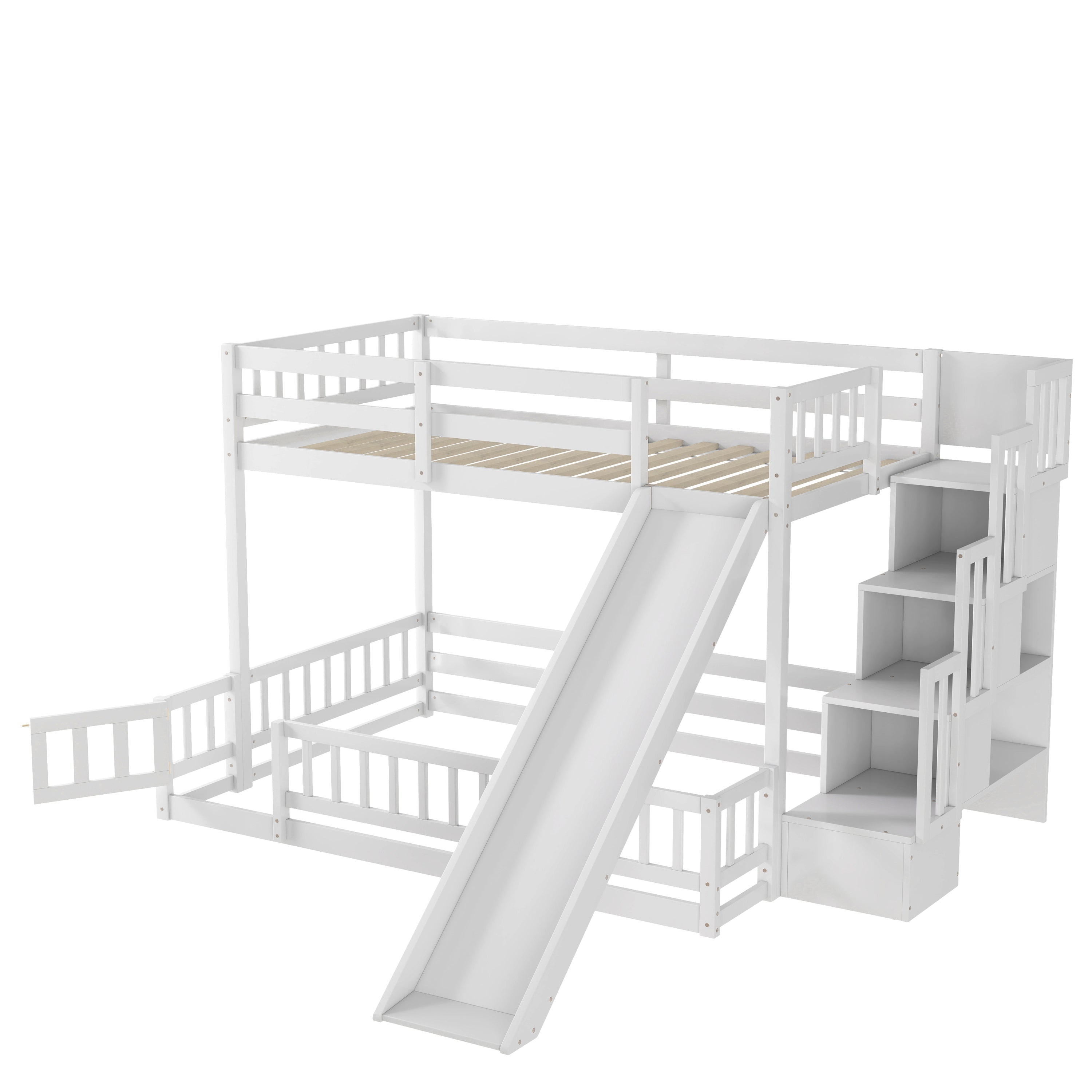 Twin Over Full Bunk Bed with Slide, Storage Staircase, Pine Solid Wooden Bunk Bed with Safety Guardrails ,Grey (Old Sku W504S00184)