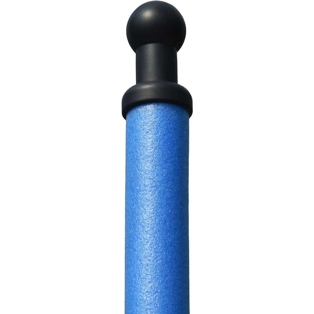 Blue 14-foot recreational trampoline basketball backboard side view
