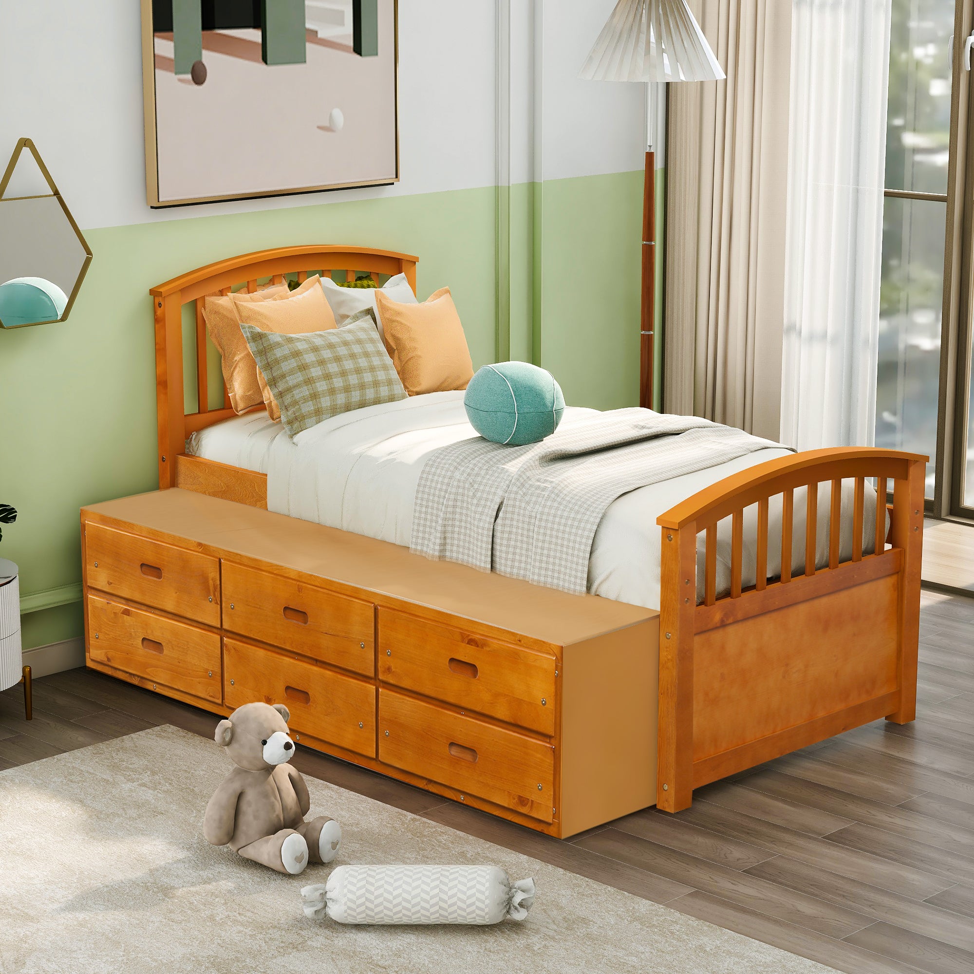 Twin storage bed pine wood frame front detail