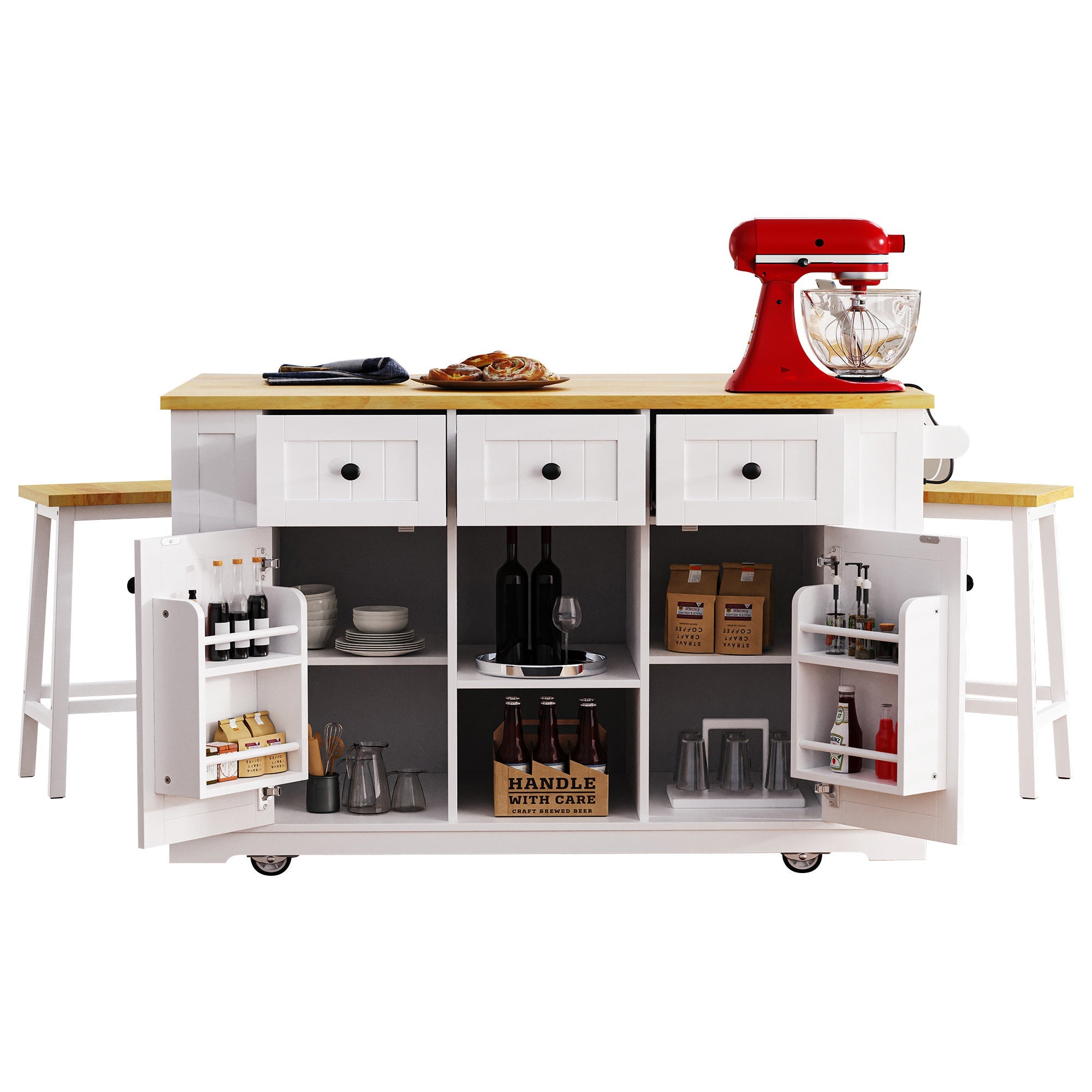 K&K 53inch Large Kitchen Island with 2 Bar Stools, Power Outlet,Door Internal Storage Rack, Kitchen Storage Cart on 5 Wheels with Drop Leaf, 5 Open Side Racks, 3 Drawers,Black (Three Packages)
