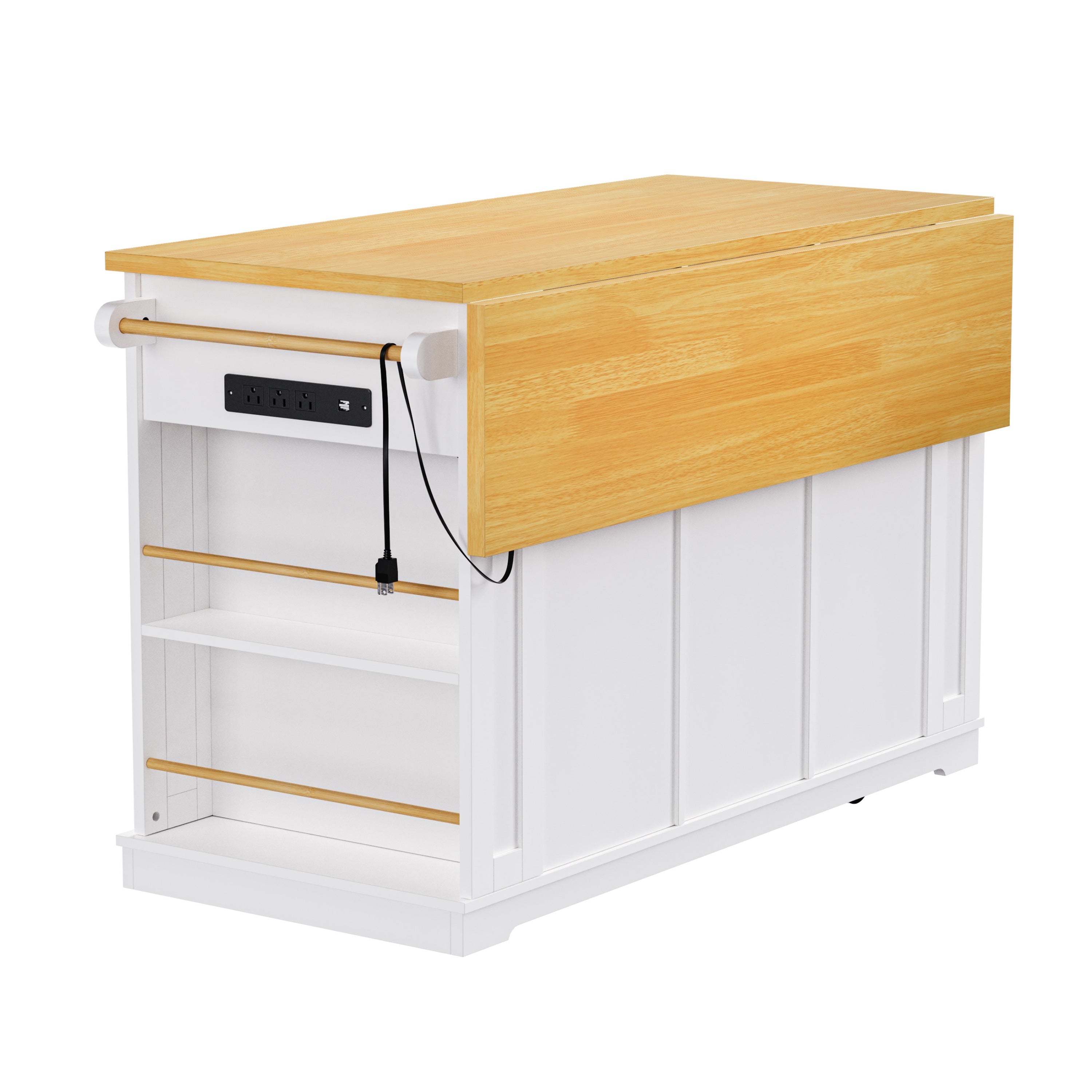 K&K 53inch Large Kitchen Island with Drop Leaf,Power Outlet,Door Internal Storage Rack,Rolling Kitchen Cart on 5 Wheels with 5 Open Side Racks for Kitchen,Black(Two Packages)(Stools not included)