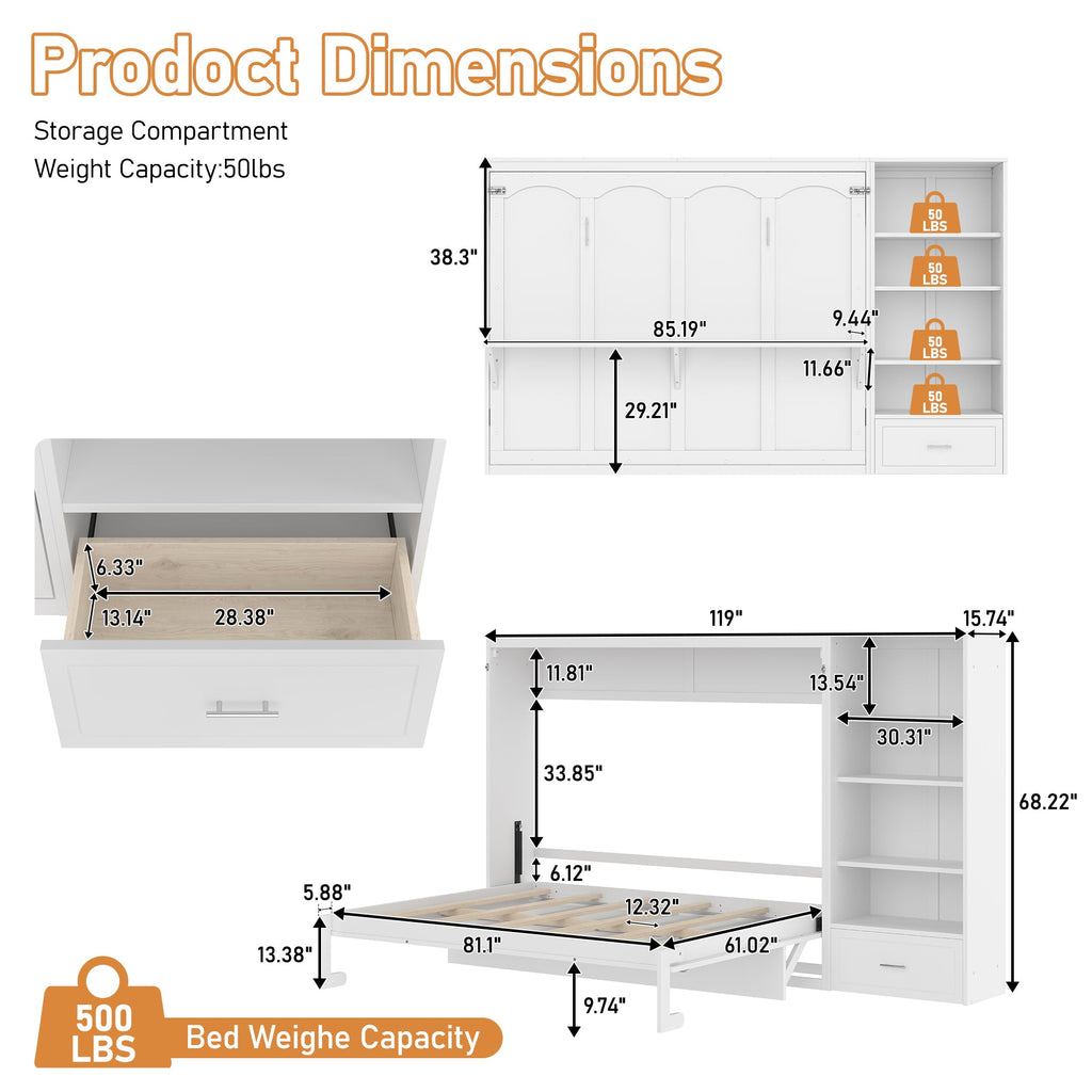 Queen Size Murphy Bed with Height Adjustable Storage Compartments and Shelf, Wall Bed Frame With 1 Drawer, Multifunctional Foldable Platform Bed for Bedroom,Guest Room, Walnut(OLD SKU:N733S309223D)