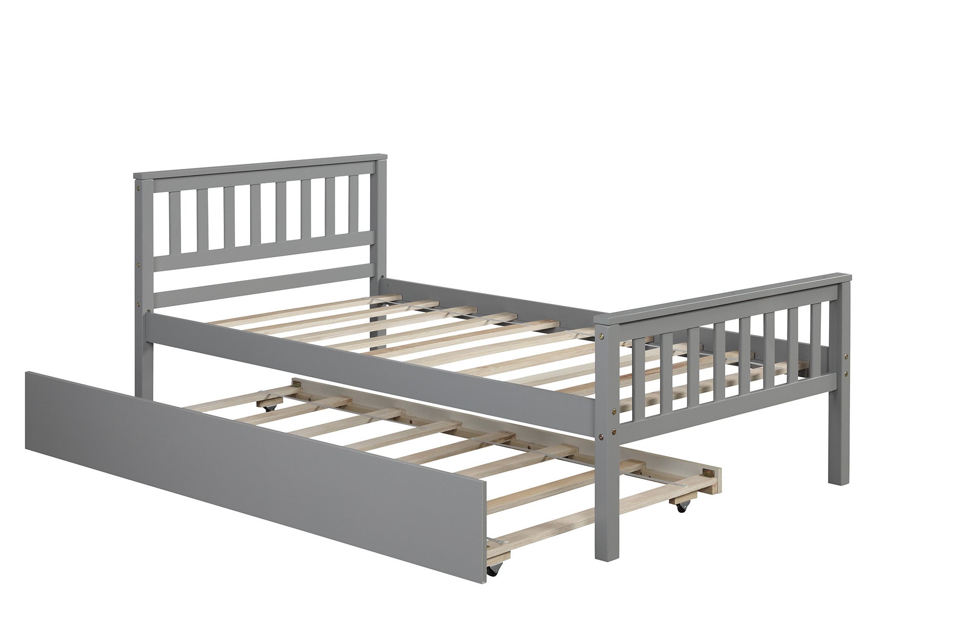 Gray twin bed slatted headboard close-up
