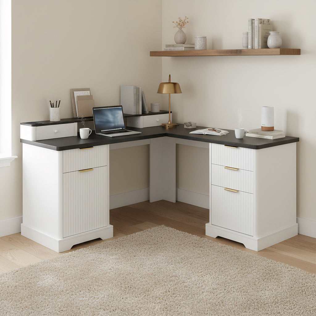 White home office desk with drawer storage organization