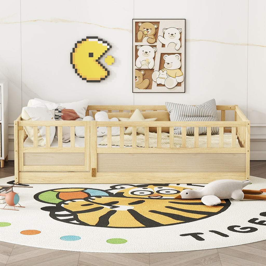 Natural pine twin floor bed with fence — front view