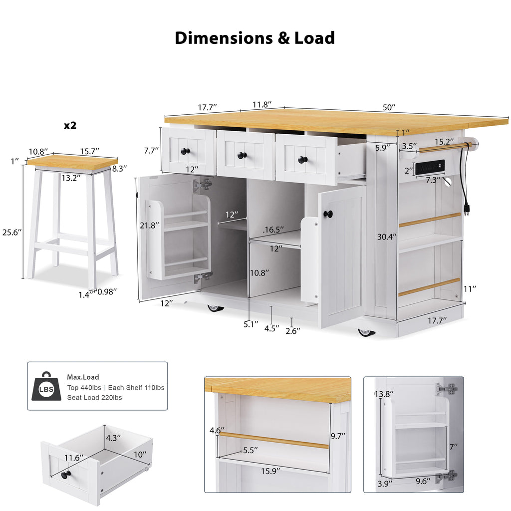 K&K 53inch Large Kitchen Island with 2 Bar Stools, Power Outlet,Door Internal Storage Rack, Kitchen Storage Cart on 5 Wheels with Drop Leaf, 5 Open Side Racks, 3 Drawers,Black (Three Packages)