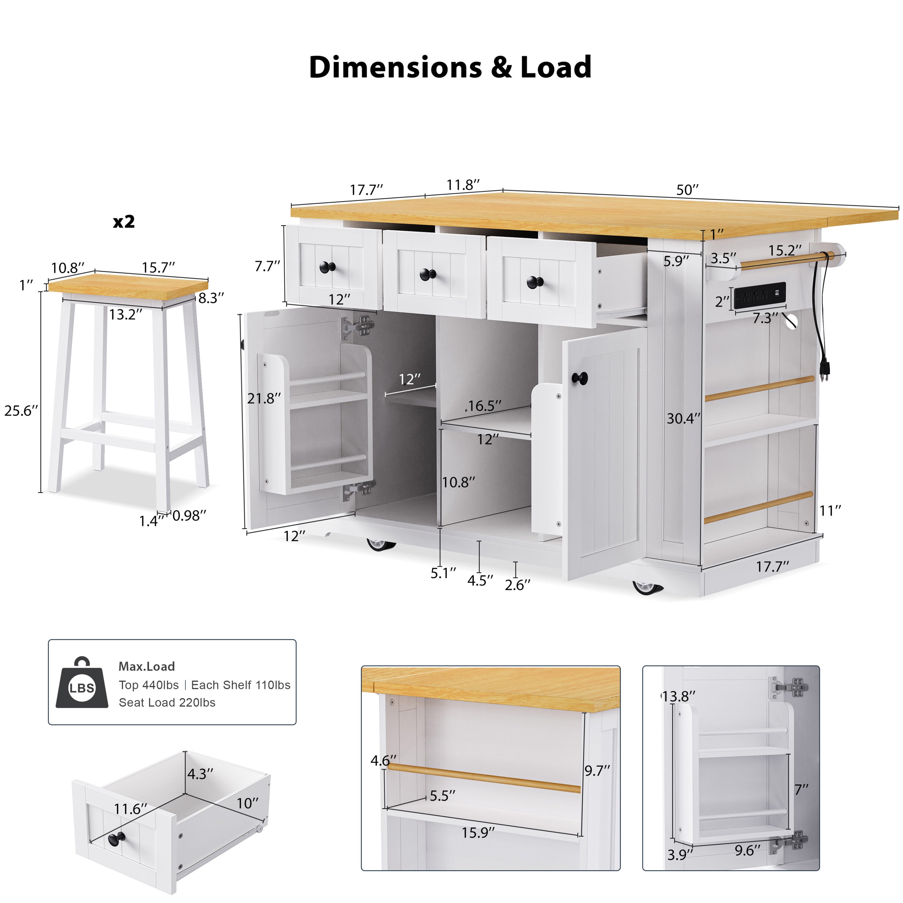 K&K 53inch Large Kitchen Island with 2 Bar Stools, Power Outlet,Door Internal Storage Rack, Kitchen Storage Cart on 5 Wheels with Drop Leaf, 5 Open Side Racks, 3 Drawers,Black (Three Packages)