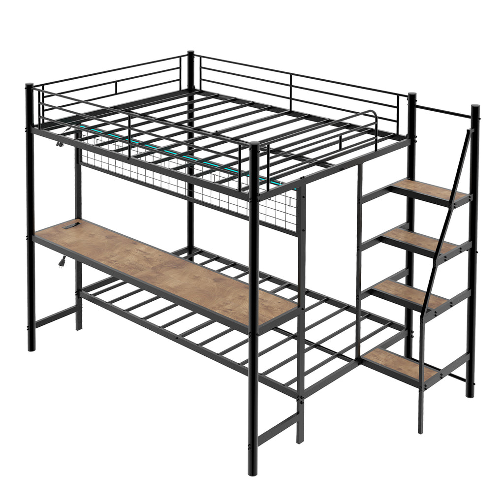 Full Over Twin Metal Bunk Bed with Built-In Desk and LED Lighting – Black, Iron Frame, Compact Design for Kids & Teens