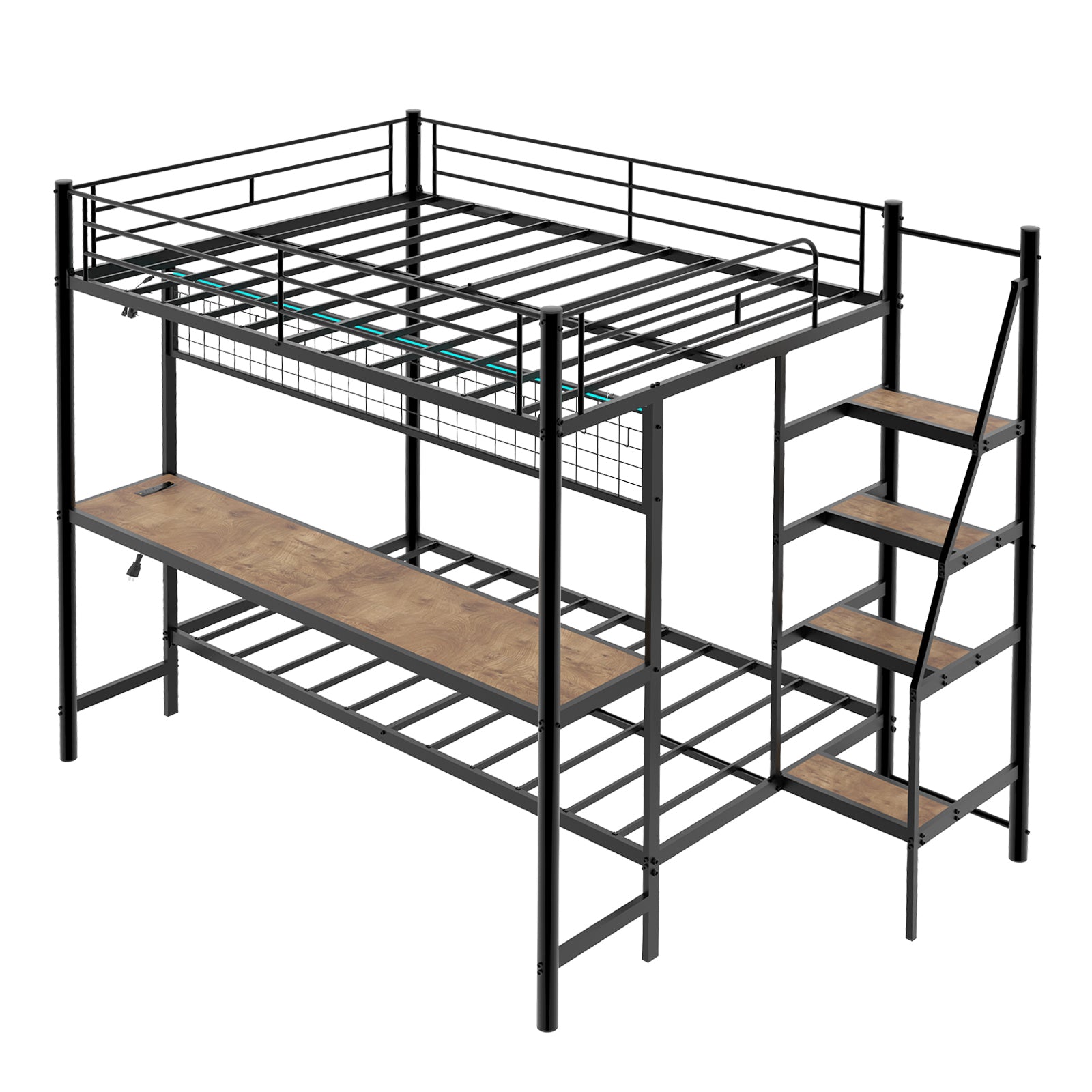 Full Over Twin Metal Bunk Bed with Built-In Desk and LED Lighting – Black, Iron Frame, Compact Design for Kids & Teens