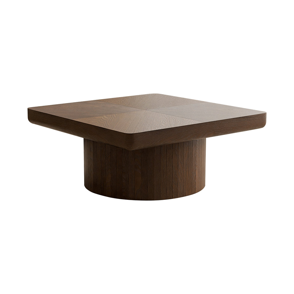 34.6'' Square Coffee Table for Living Room, Modern Wood Veneer Top with Parquet Pattern & Cylindrical Base, Thickened Tabletop, Easy Assembly, Natural Wood