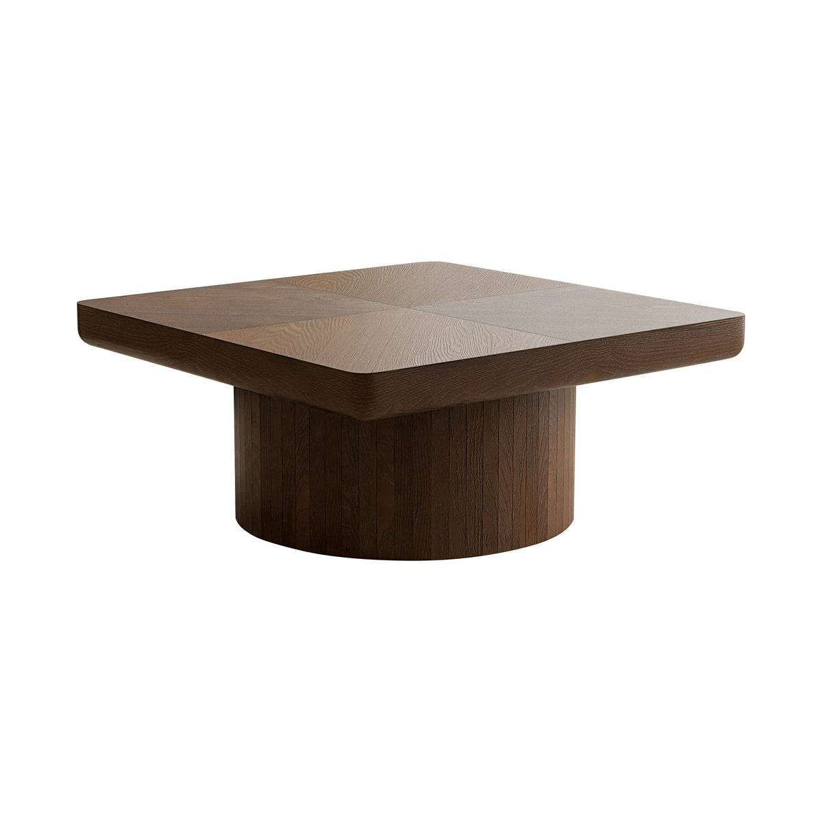 34.6'' Square Coffee Table for Living Room, Modern Wood Veneer Top with Parquet Pattern & Cylindrical Base, Thickened Tabletop, Easy Assembly, Natural Wood