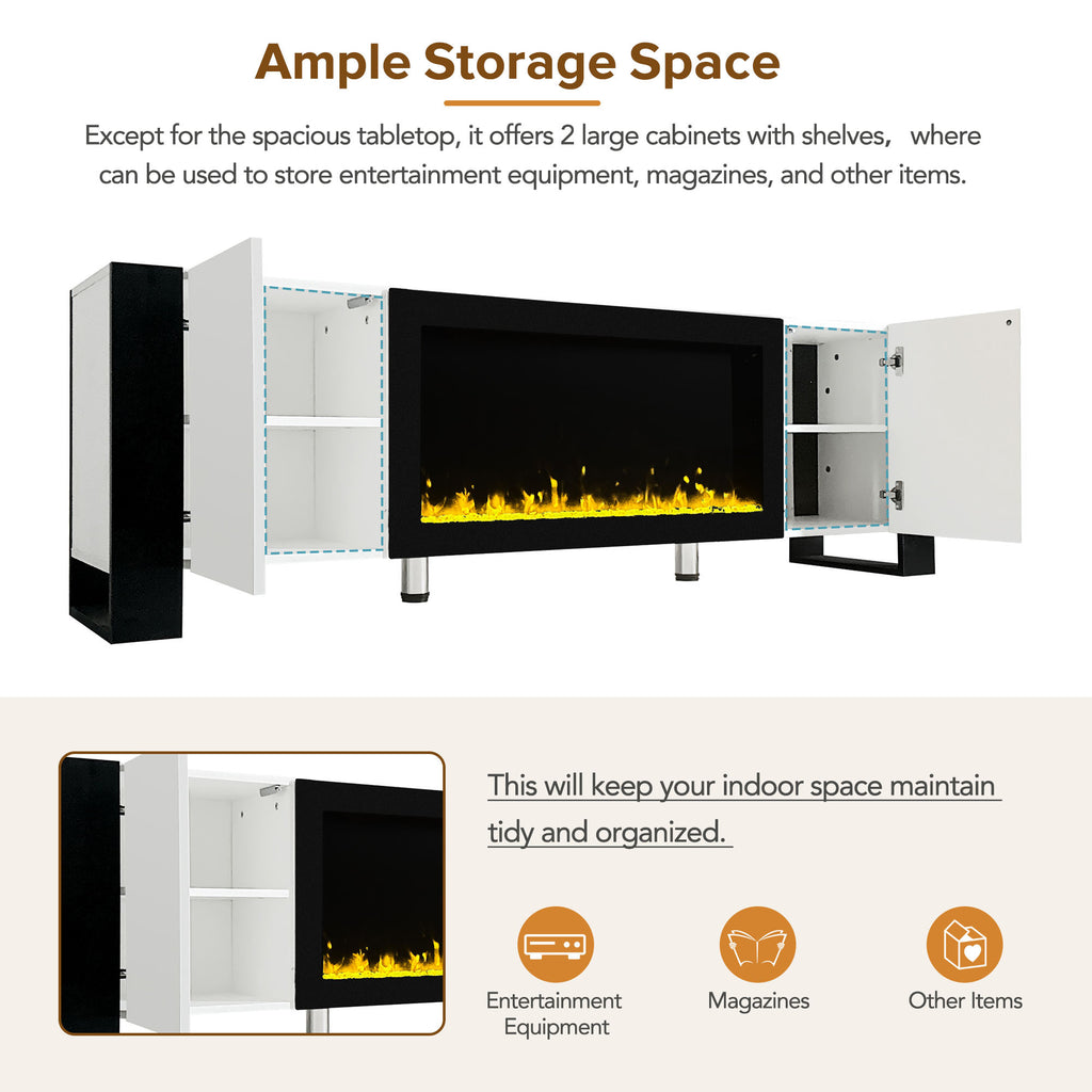 White TV stand decorative electric fireplace close-up