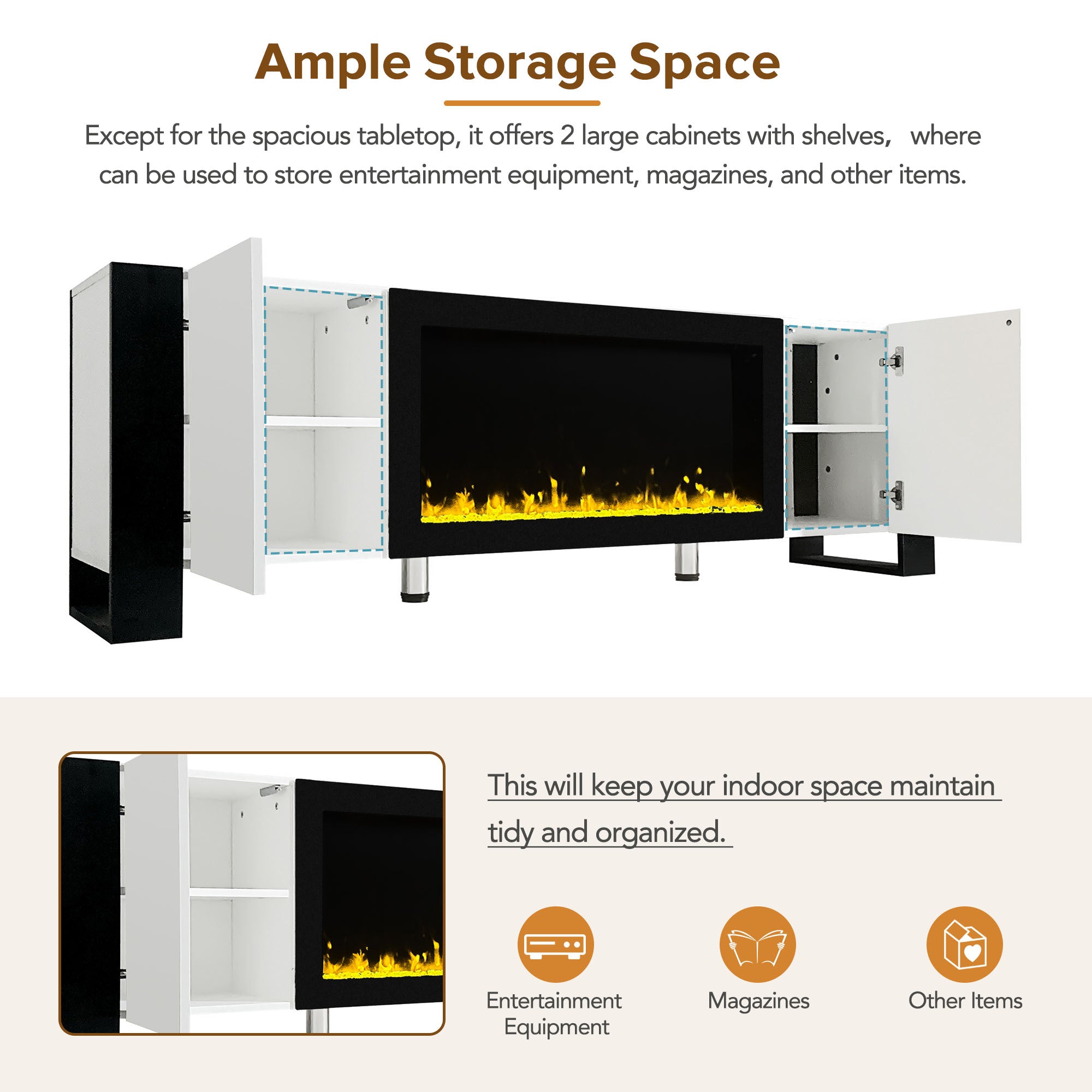 White TV stand decorative electric fireplace close-up
