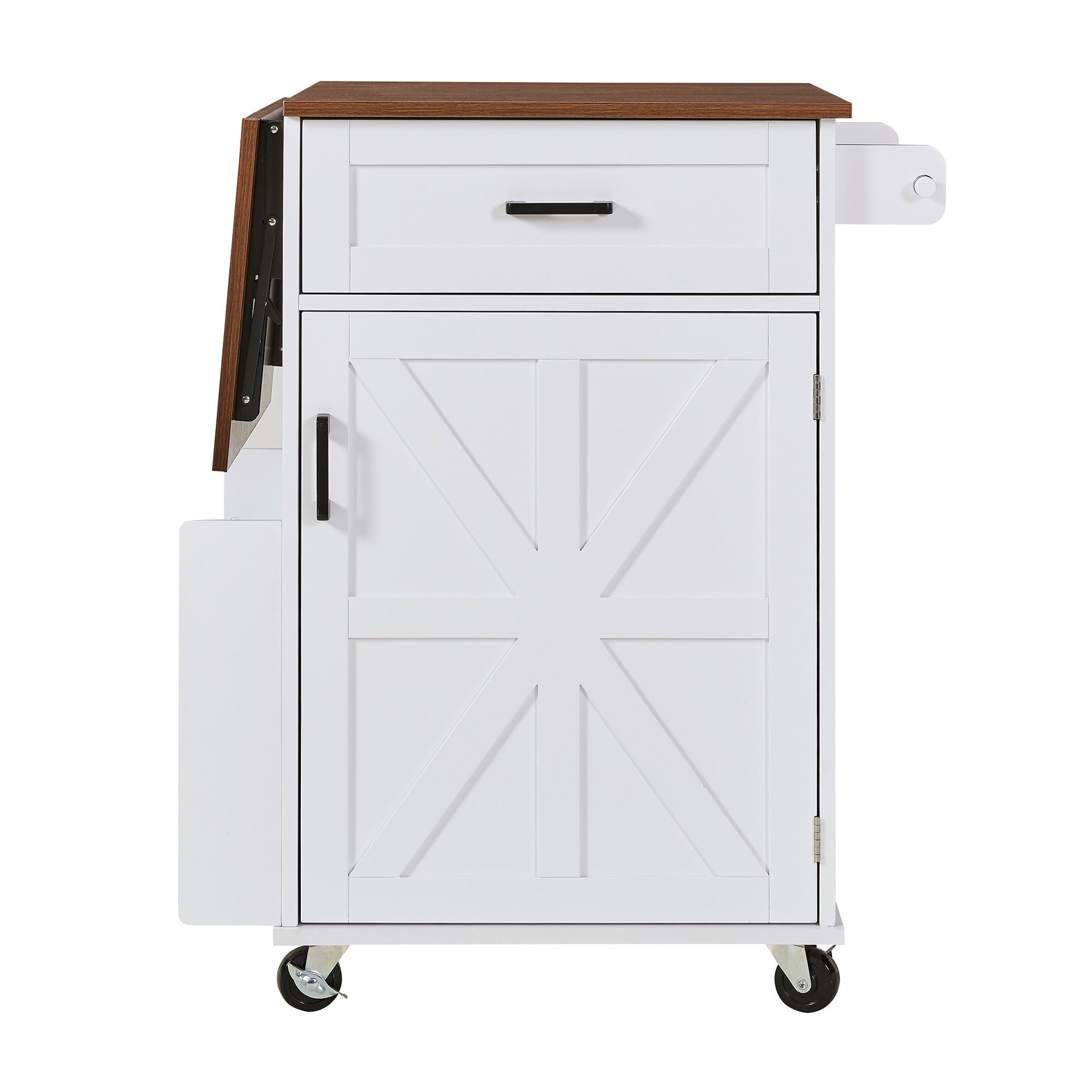 K&K 39.3' Farmhouse Kitchen Island with Drop Leaf, Kitchen Storage Island with Open Side Rack, One Drawer, Towel Rack, Rolling Kitchen Cart with Lockable Wheels for Lawn Garden, Black