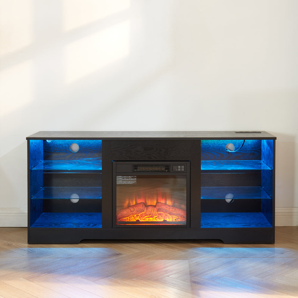 TV Stand with Electric Fireplace — Glass Shelves & USB Outlets for TVs Up to 62"