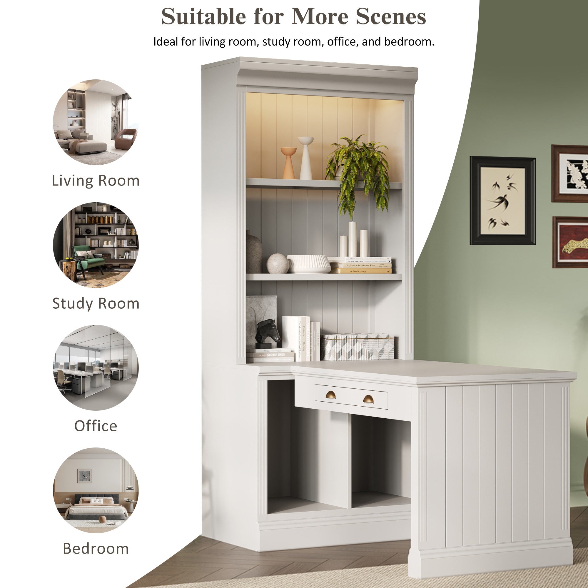 Adjustable shelf configuration on white bookshelf unit