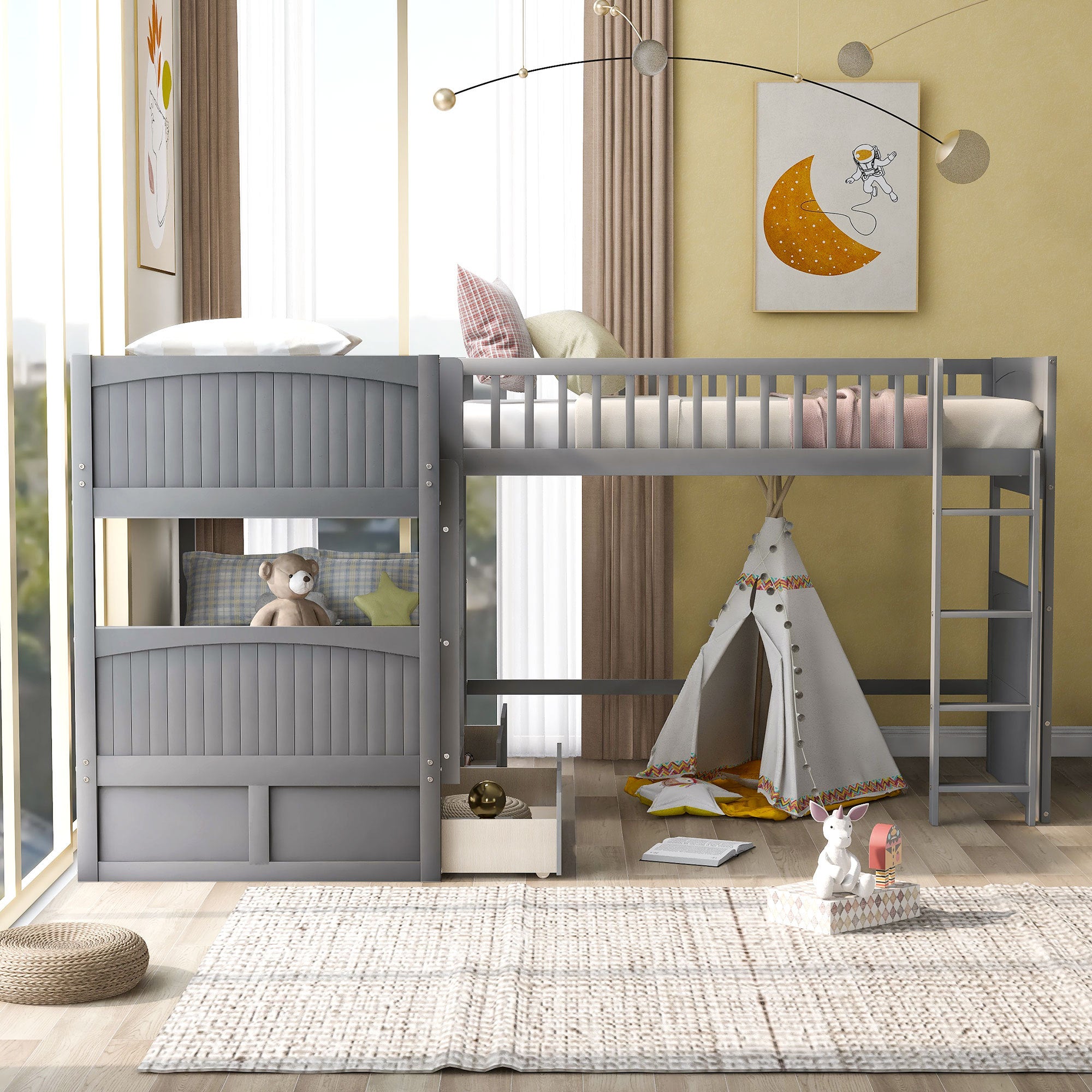 Loft bed attached to twin bunk — side profile