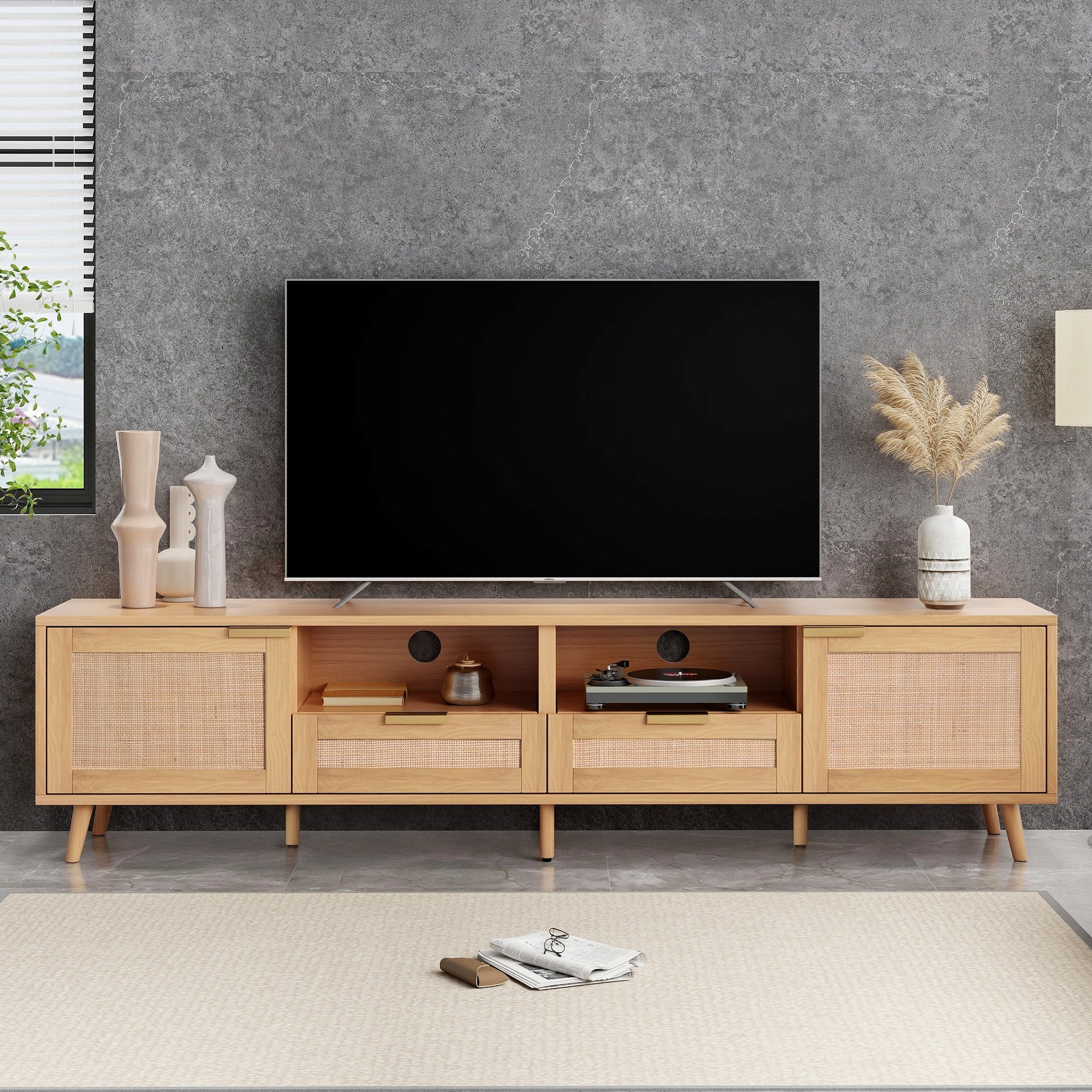 Natural wood entertainment console full view