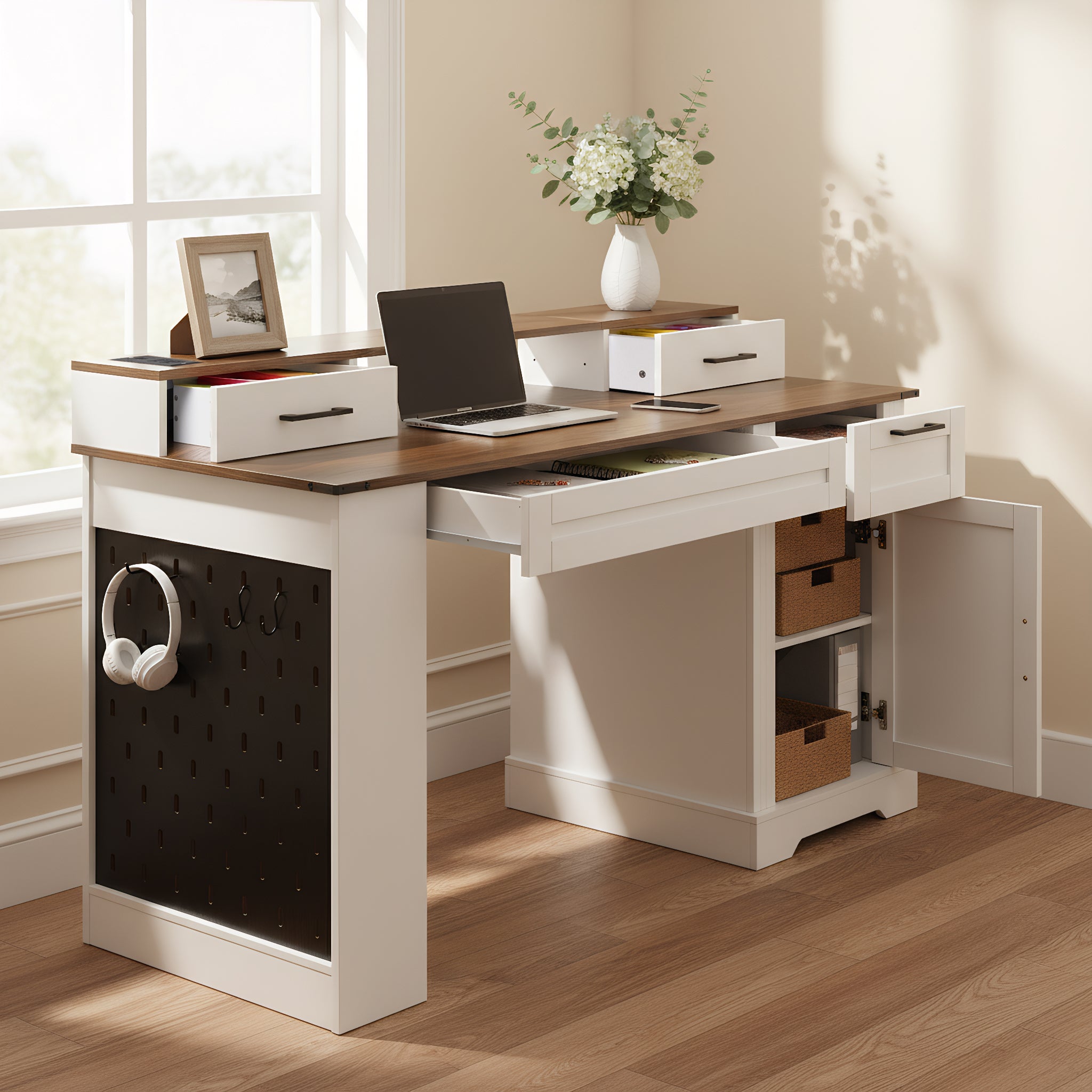 White home office desk with keyboard tray and monitor stand