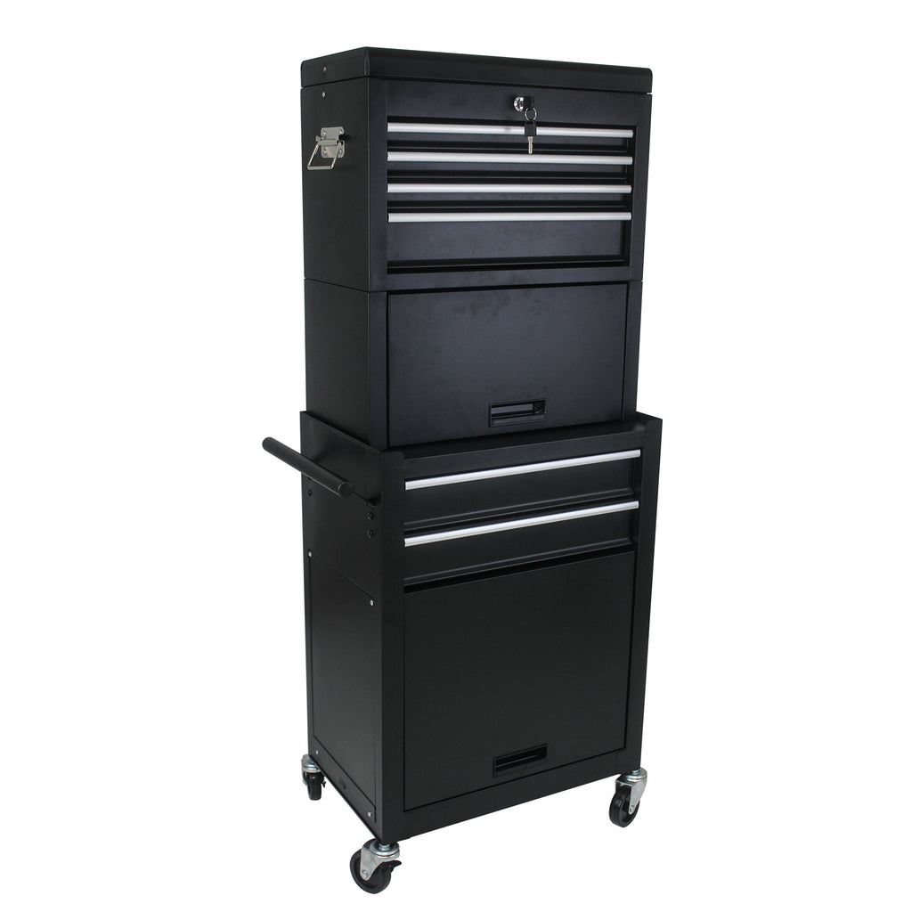 Ball-bearing drawer slides open on black rolling tool cabinet