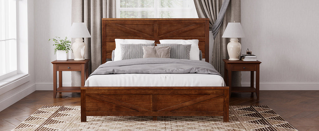 Farmhouse Style Queen Size Bed with Barn Door Designed Headboard and Footboard, Pinewood Bed with Strengthened Bed Frame ,White