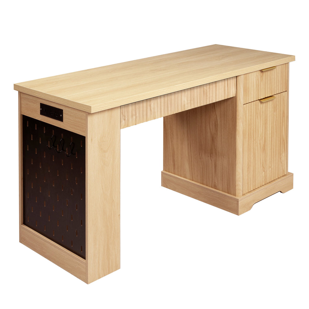 Fluted Office Desk with Pegboard, Charging Station, Keyboard Tray & Storage — 55-Inch