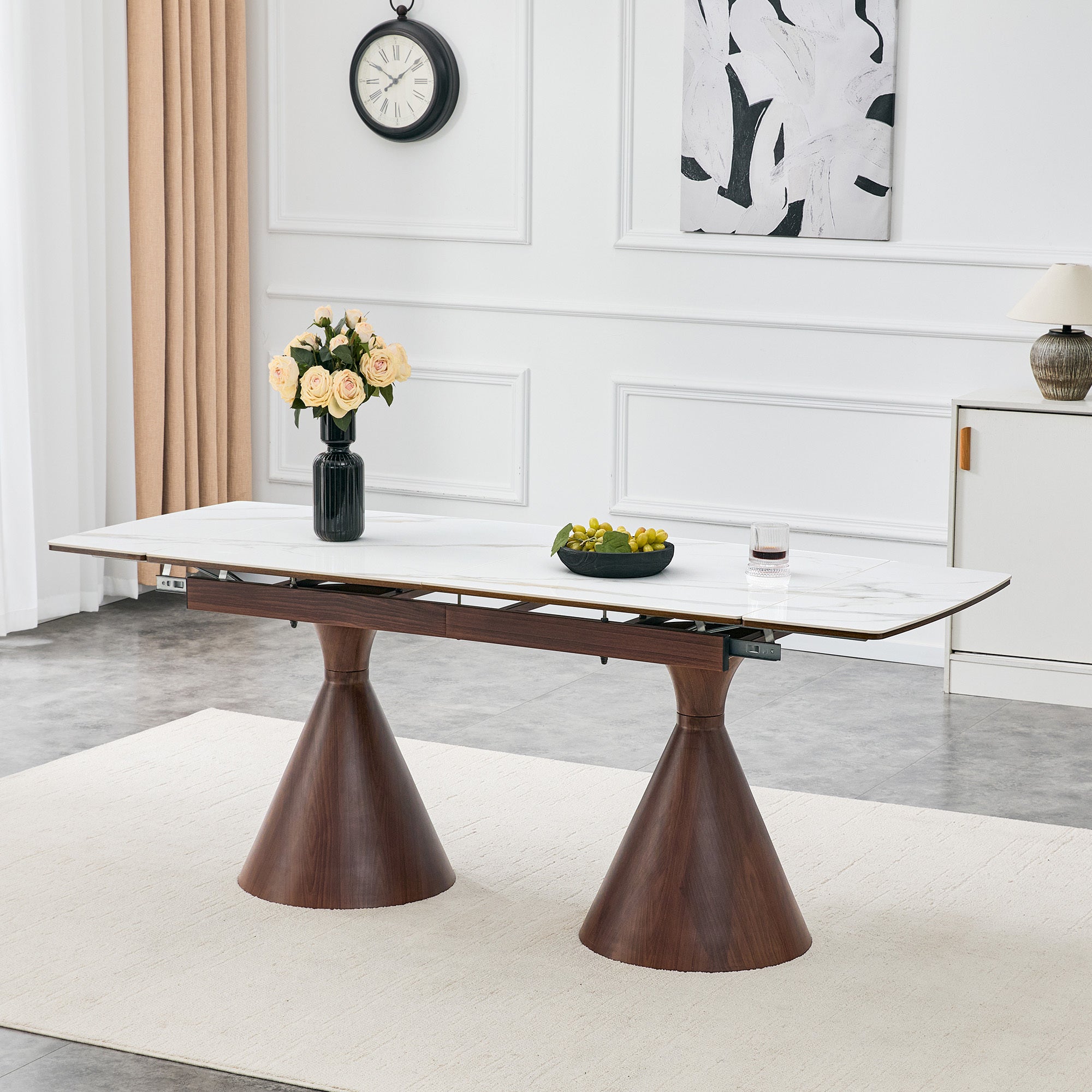 Extendable Stone-Top Dining Table: White marble-patterned tabletop with walnut-colored tapered metal legs. A modern, luxury-inspired rectangular dining table for home use, suitable for 4–8 people.