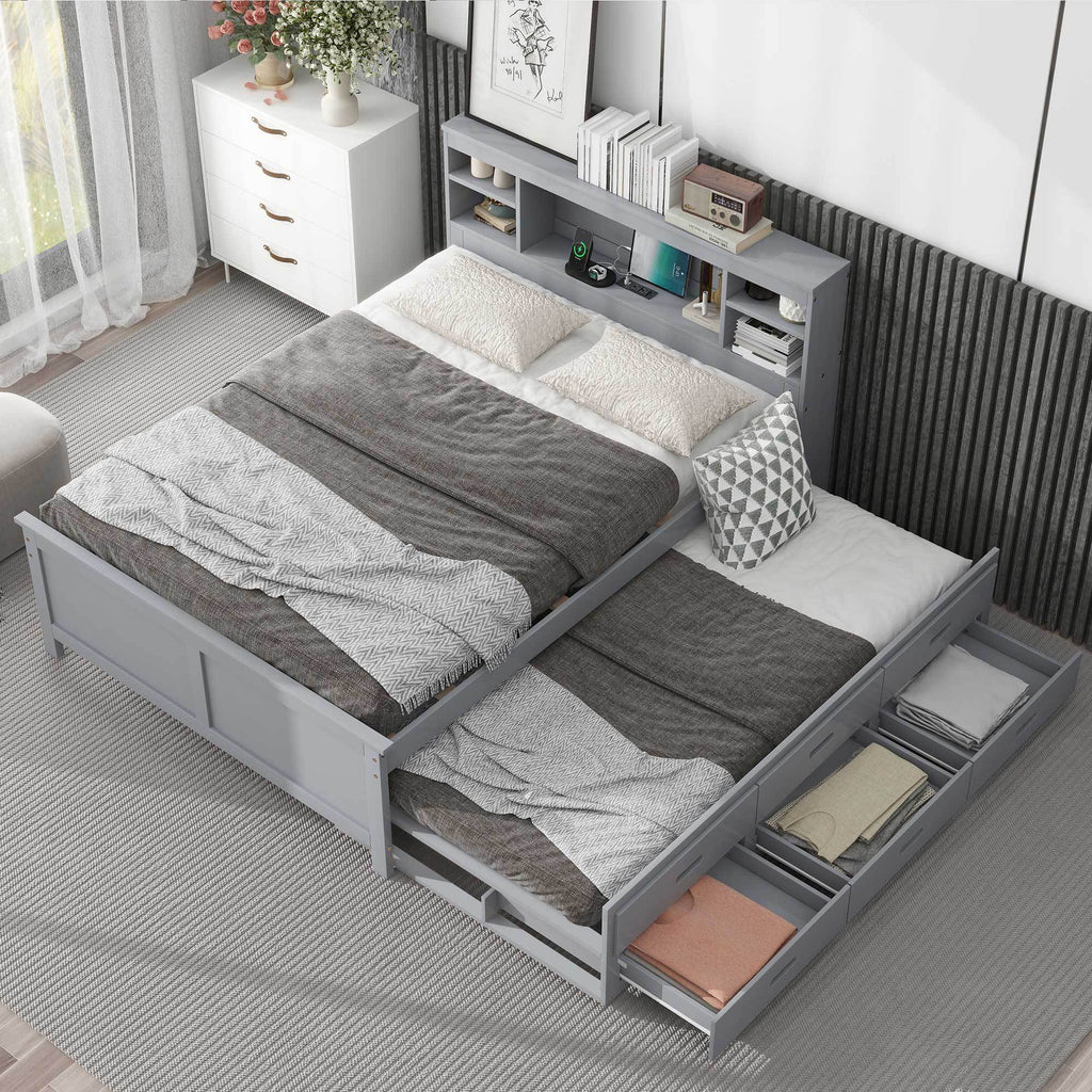 Twin trundle bed pulled out from full size platform bed
