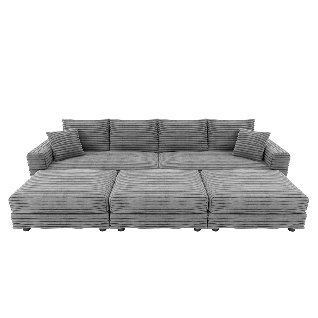 102.4 'Plush Corduroy 4-Seat Sofa,Modern Comfy Upholstered Sofa Cloud Couch,Deep Seat Couches with Soft Pillows and 3 Ottomans,Convertible Sofa Lounge Chair,Black(Old SKU:W1885S00287)