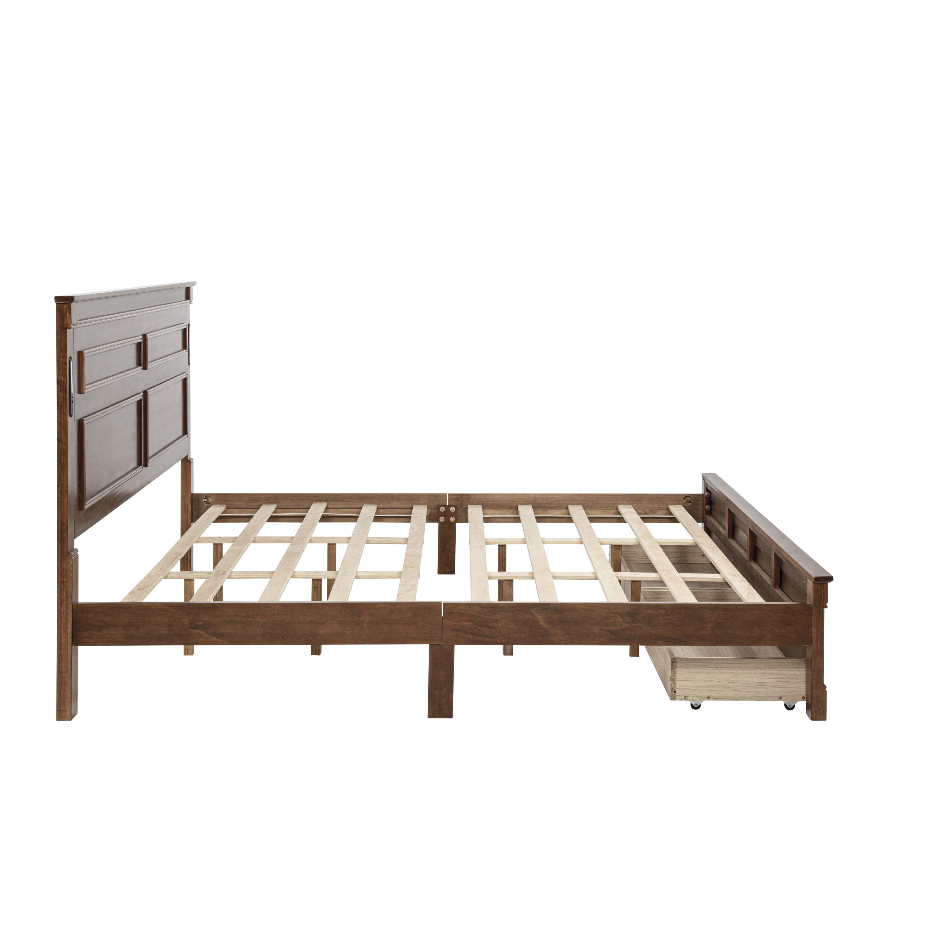 King Size Bed with Tall-Panel Headboard & Footboard, 2 Storage Drawers, Built-in LED Lights, USB Charging Station, Pinewood Bed with Strengthened Bed Frame ,White