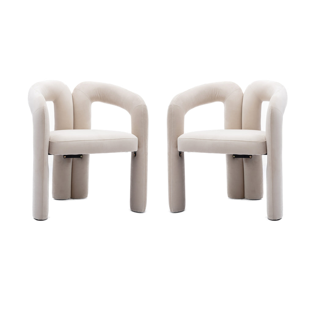 Beige accent chair with wood legs — angle view