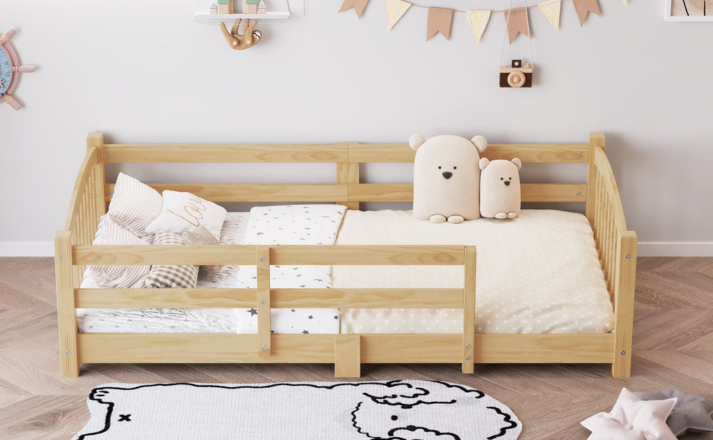 Twin Montessori Floor Bed with Slats and Safety Guardrails, Solid Wood Floor Bed with Fence and Without Door, Easy Assemble Montessori Bed for Girls and Boys, Gray