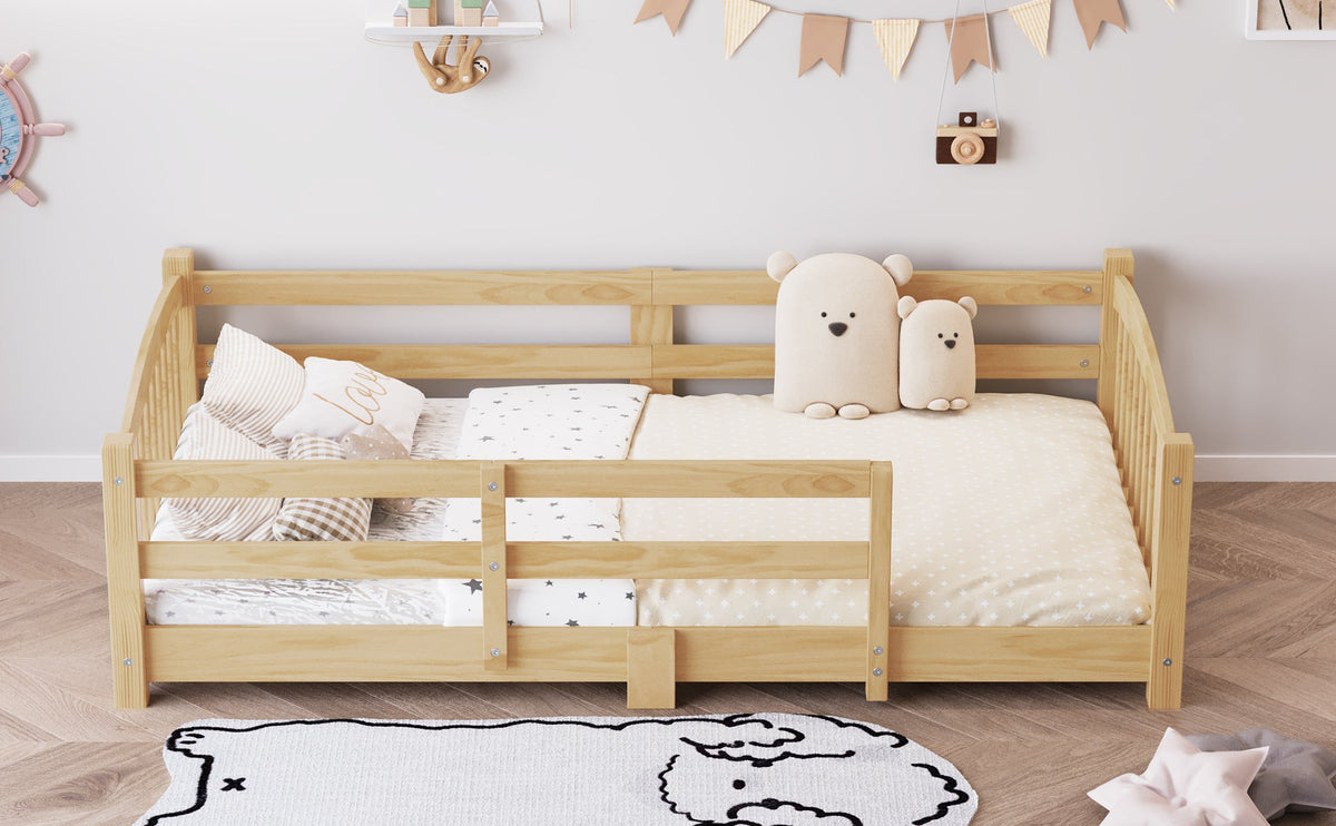 Twin Montessori Floor Bed with Slats and Safety Guardrails, Solid Wood Floor Bed with Fence and Without Door, Easy Assemble Montessori Bed for Girls and Boys, Gray