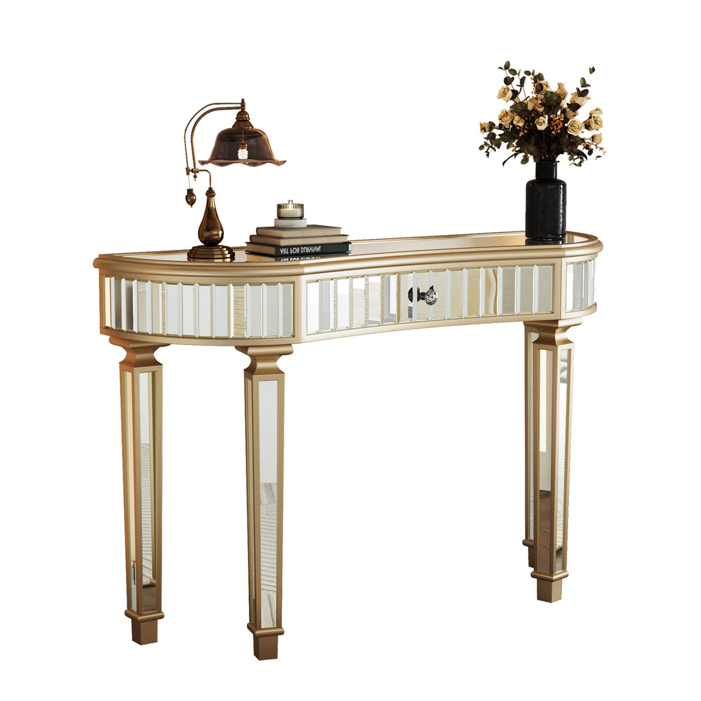 Mirrored console table drawer open storage interior