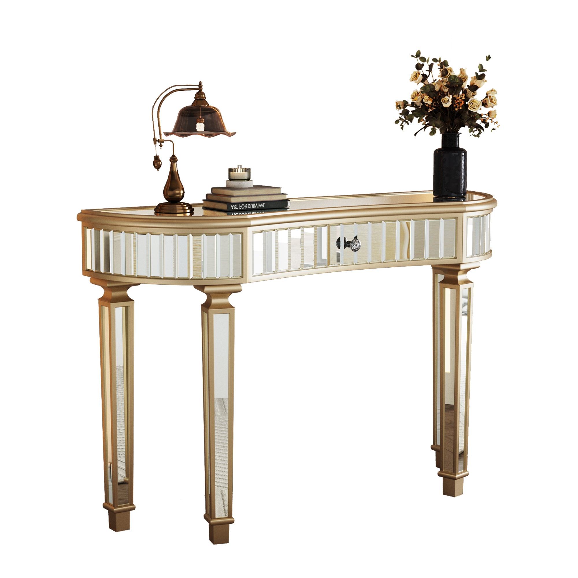 Mirrored console table drawer open storage interior