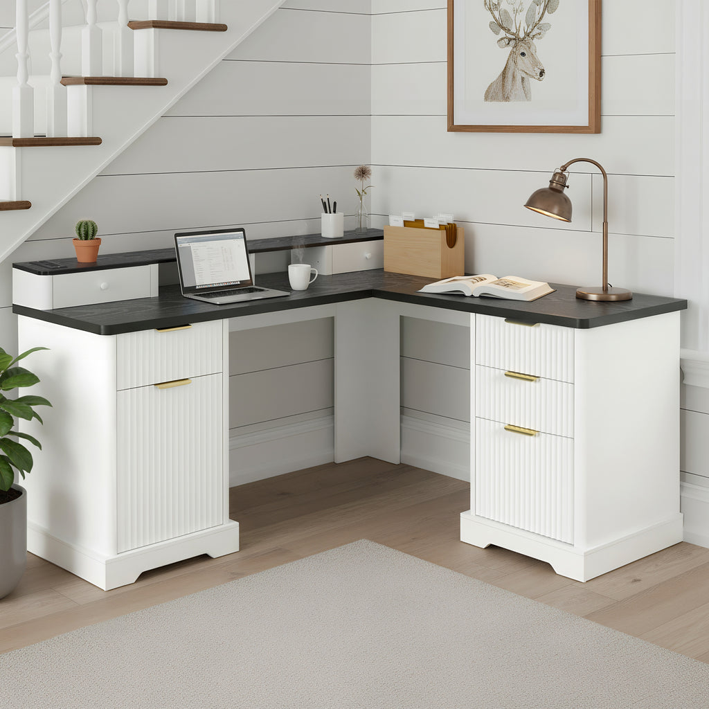 L-shaped desk with file drawer and storage cabinet — top view