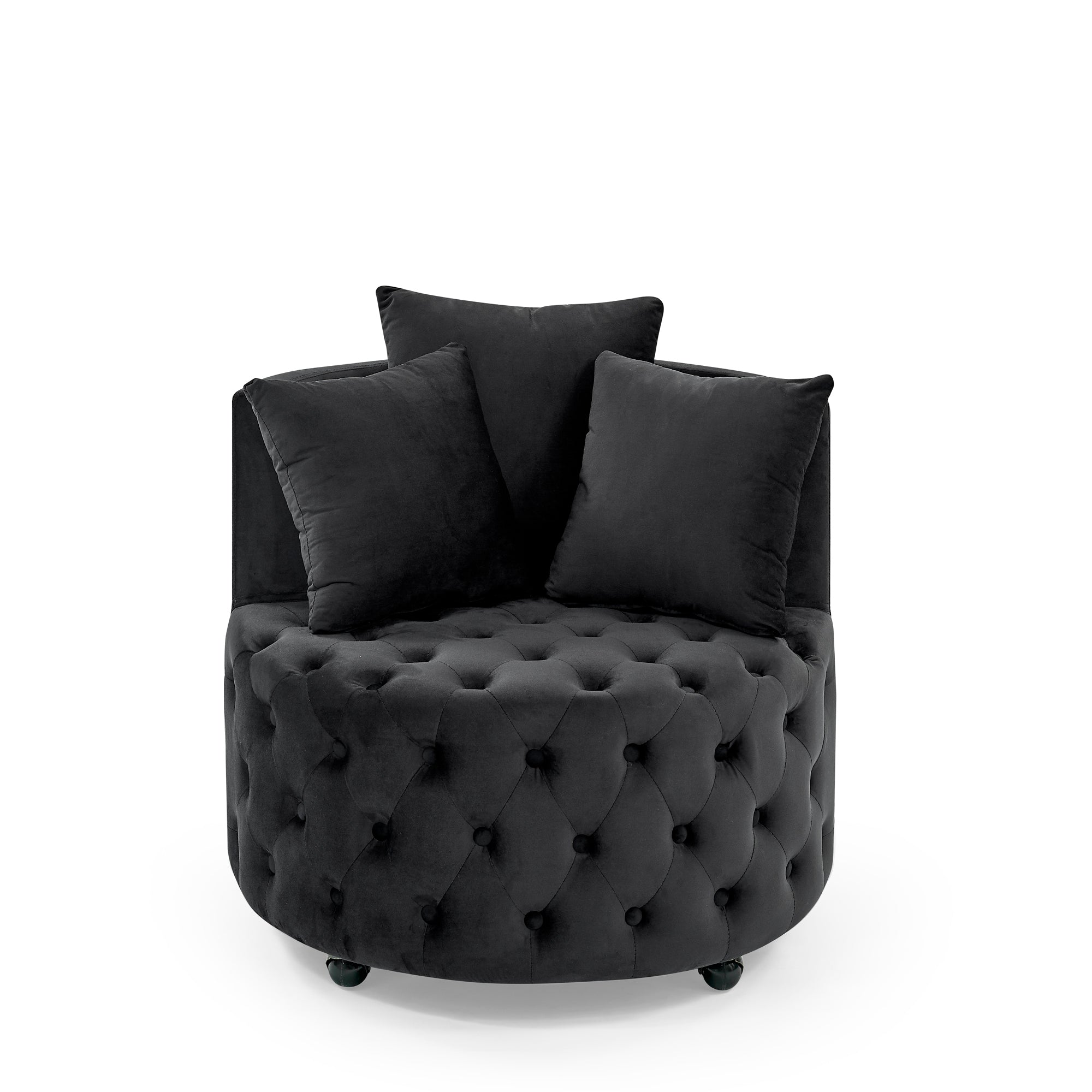 Black velvet tufted accent chair curved arm detail
