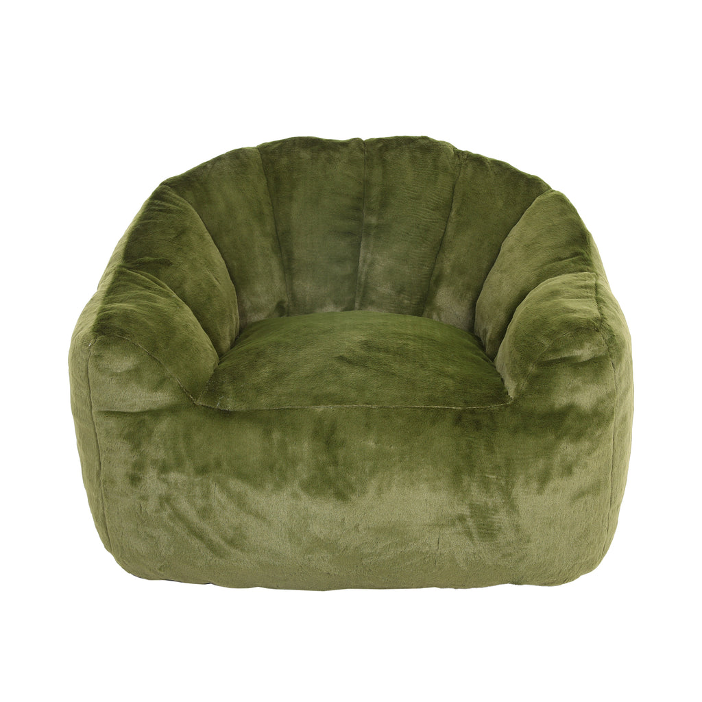 Non-slip base on green faux fur bean bag