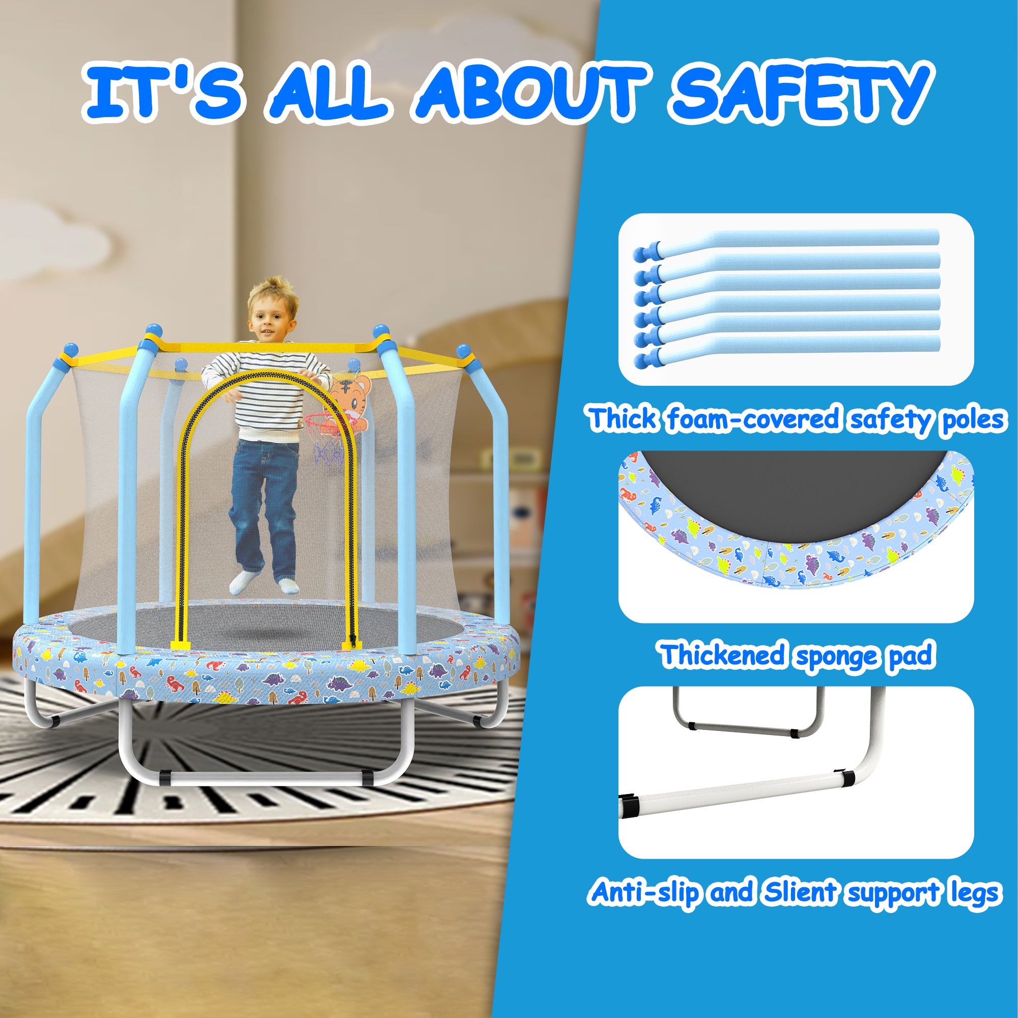 Printed blue 55-inch trampoline double-sided zipper entry