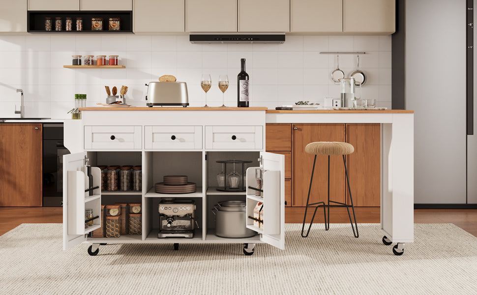 K&K 85.5' Kitchen Island with Extendable Dining Table, Kitchen Storage Table with 3 Side Open Shelves, Rolling Kitchen Island with Power Outlet, 3 Drawers, 2 Doors, for Kitchen, Dining Room, Black