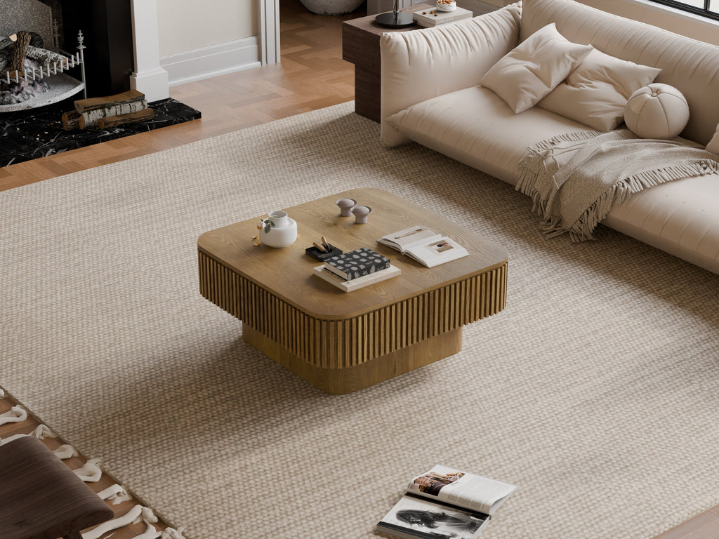 31.5'' Square Coffee Table with Storage Solid Wood Veneered Modern Coffee Table Accent Tea Table for Living Room, Bedroom, Apartment or Office, Natural Wood