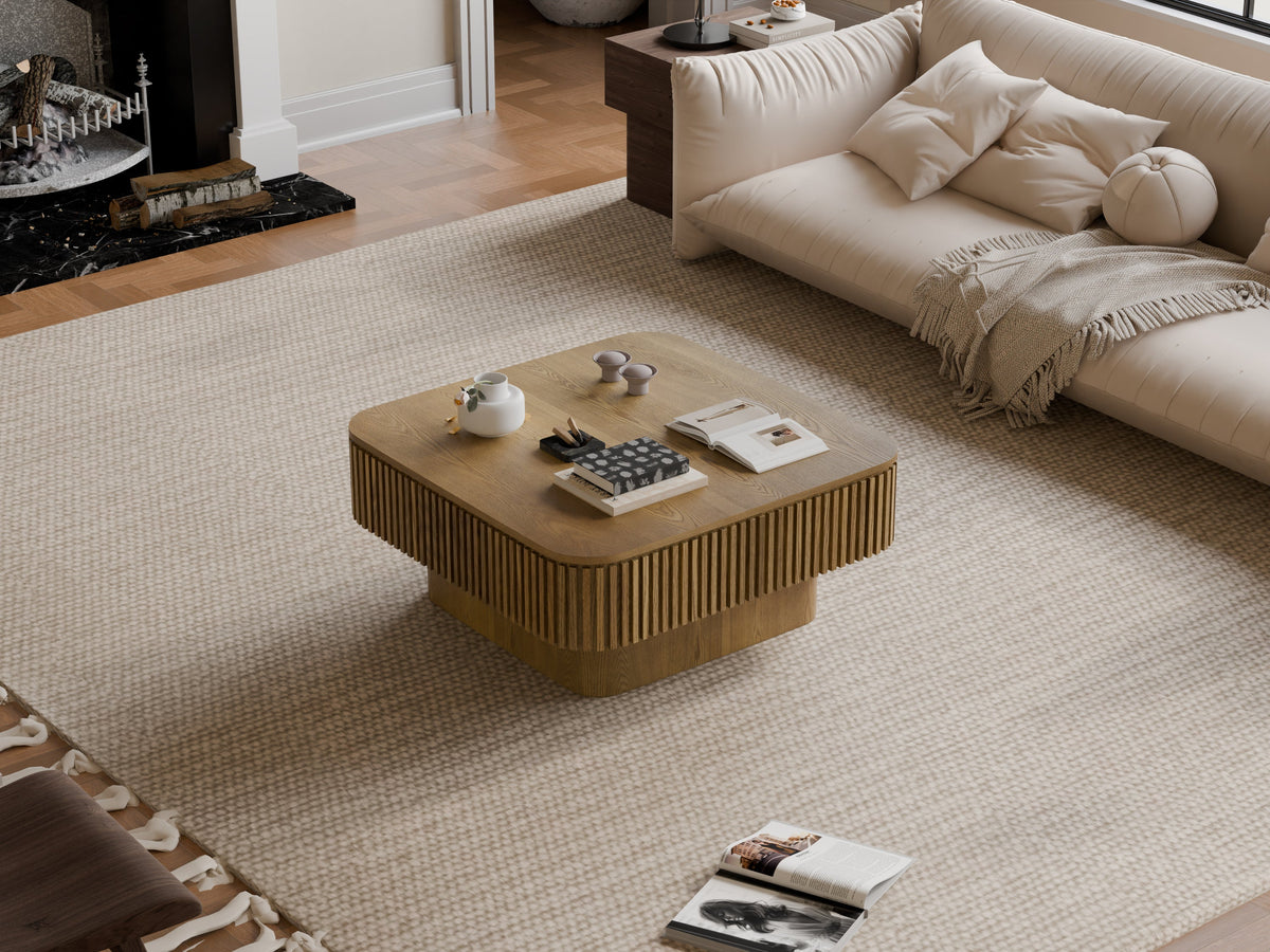 31.5'' Square Coffee Table with Storage Solid Wood Veneered Modern Coffee Table Accent Tea Table for Living Room, Bedroom, Apartment or Office, Natural Wood