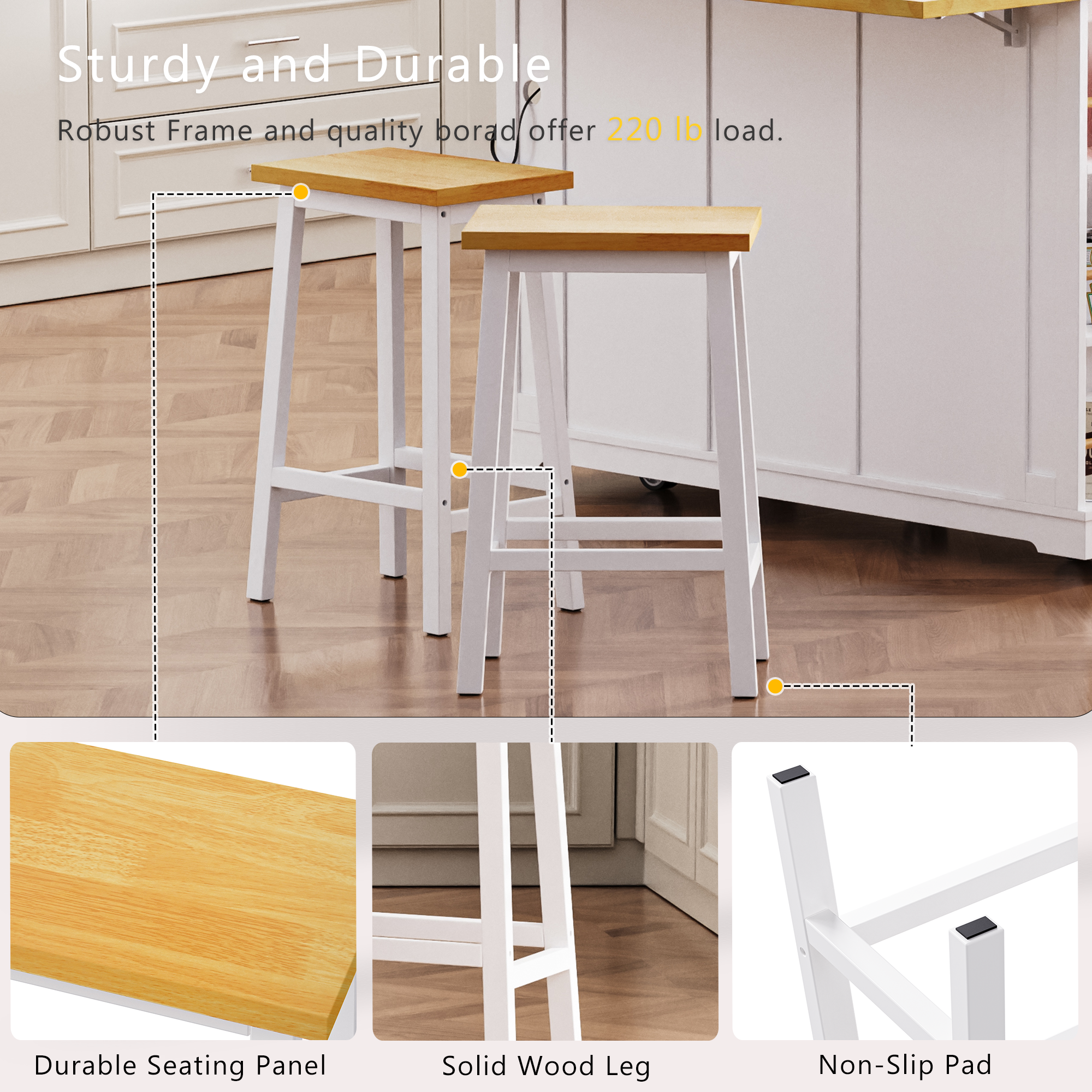 K&K 53inch Large Kitchen Island with 2 Bar Stools, Power Outlet,Door Internal Storage Rack, Kitchen Storage Cart on 5 Wheels with Drop Leaf, 5 Open Side Racks, 3 Drawers,Black (Three Packages)