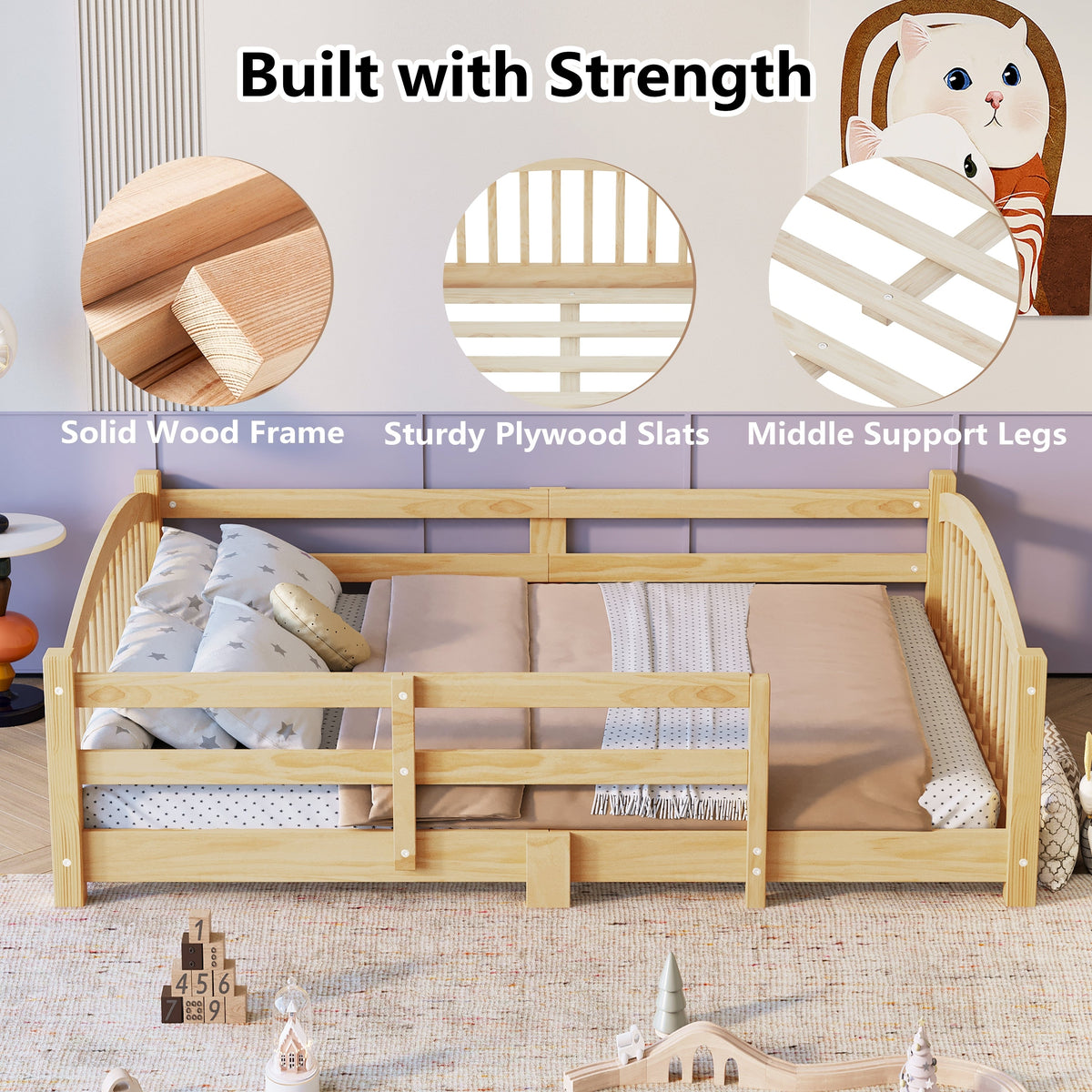 Twin Montessori Floor Bed with Slats and Safety Guardrails, Solid Wood Floor Bed with Fence and Without Door, Easy Assemble Montessori Bed for Girls and Boys, Gray