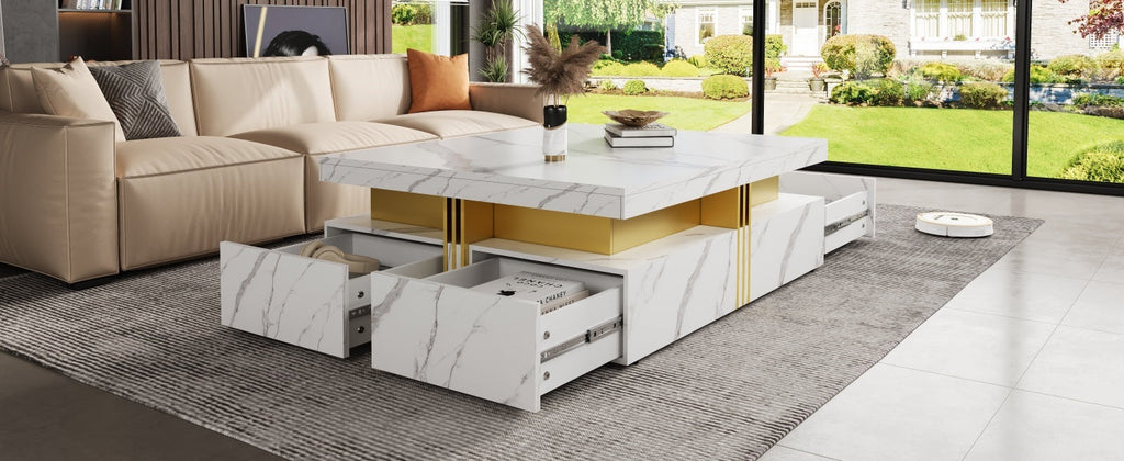 Square Storage Coffee Table — 4 Drawers & Gold Accents